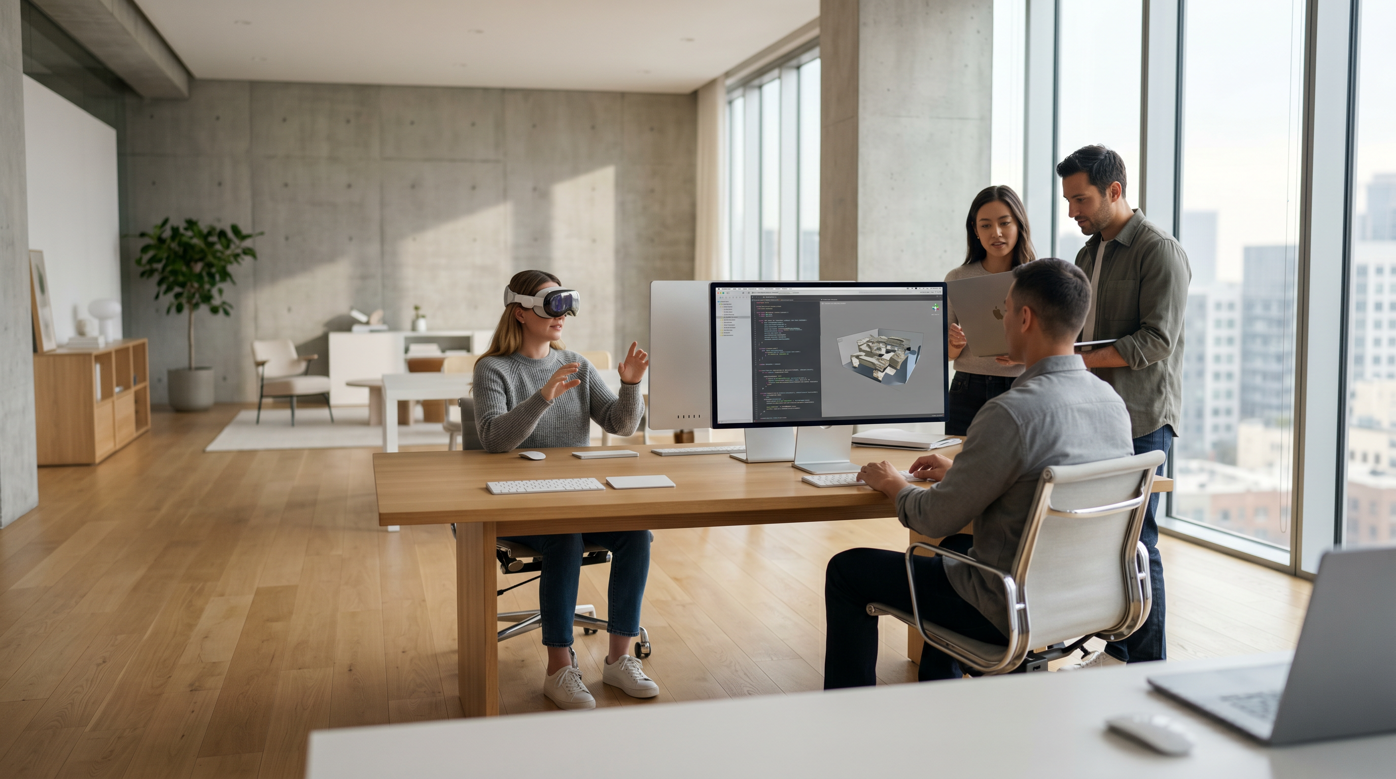 Developers collaborating in a bright modern office, one using Apple Vision Pro headset with 3D models on screens.