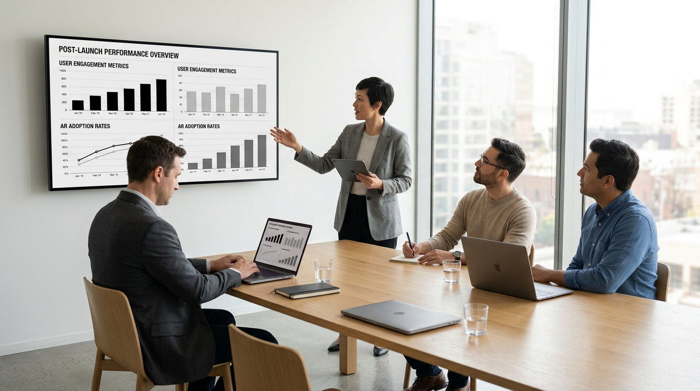Executives reviewing AR app campaign results on Pro Display and MacBooks in modern boardroom