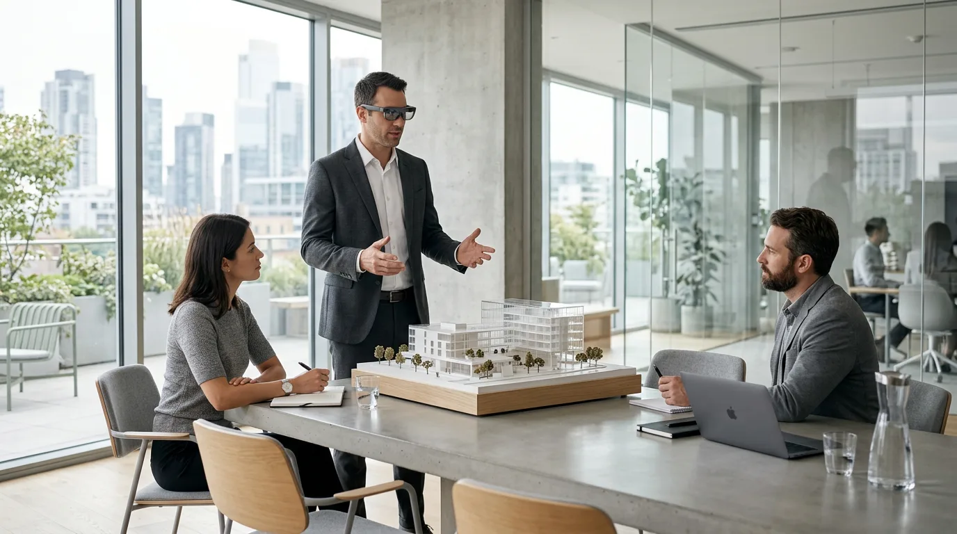 Professional presents a 3D architectural model with AR glasses in a glass-walled conference room.