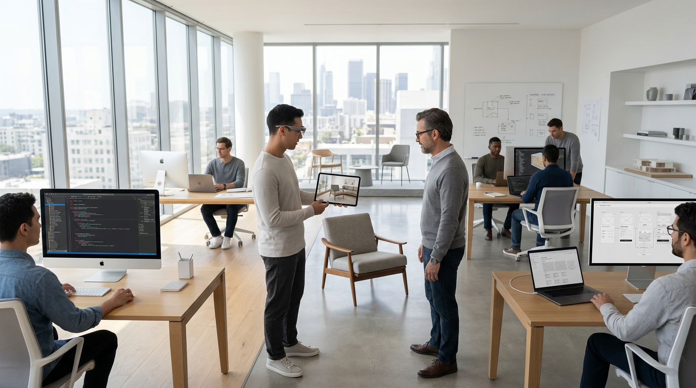 Developers demonstrating AR furniture visualization app to a client in a modern studio office