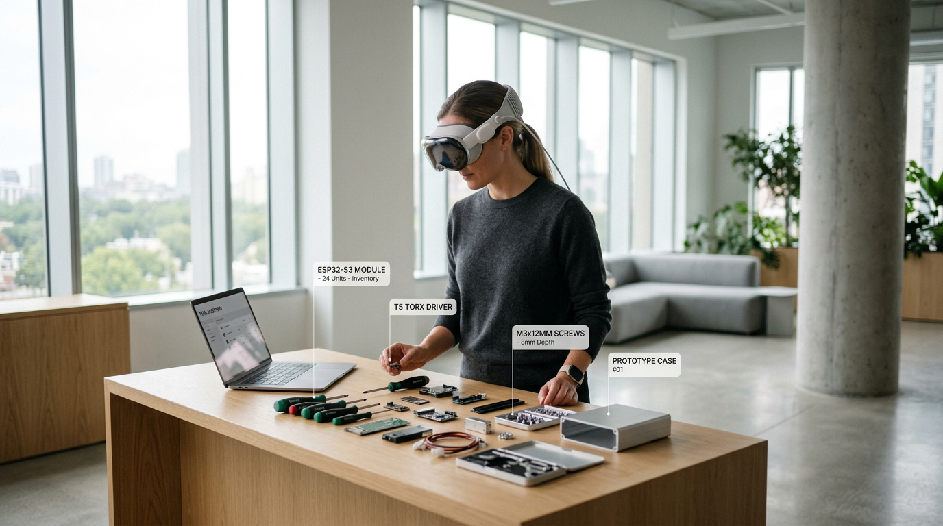 Person using AR headset to identify tools on clean workbench with subtle digital labels.