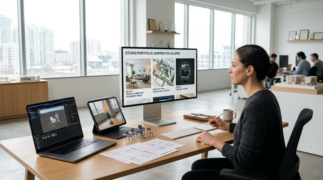 Senior designer reviewing AR app portfolio on large display in a minimalist studio workspace