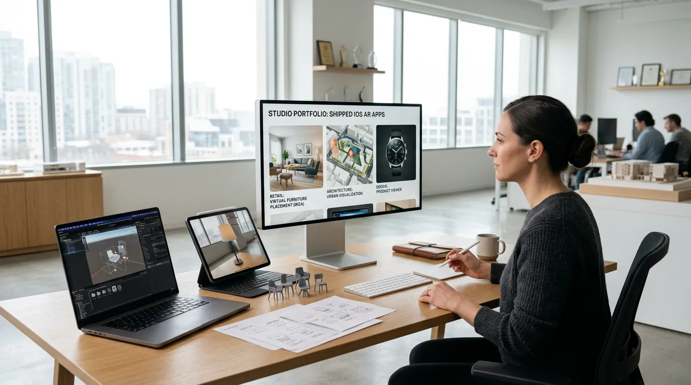 Senior designer reviewing AR app portfolio on large display in a minimalist studio workspace