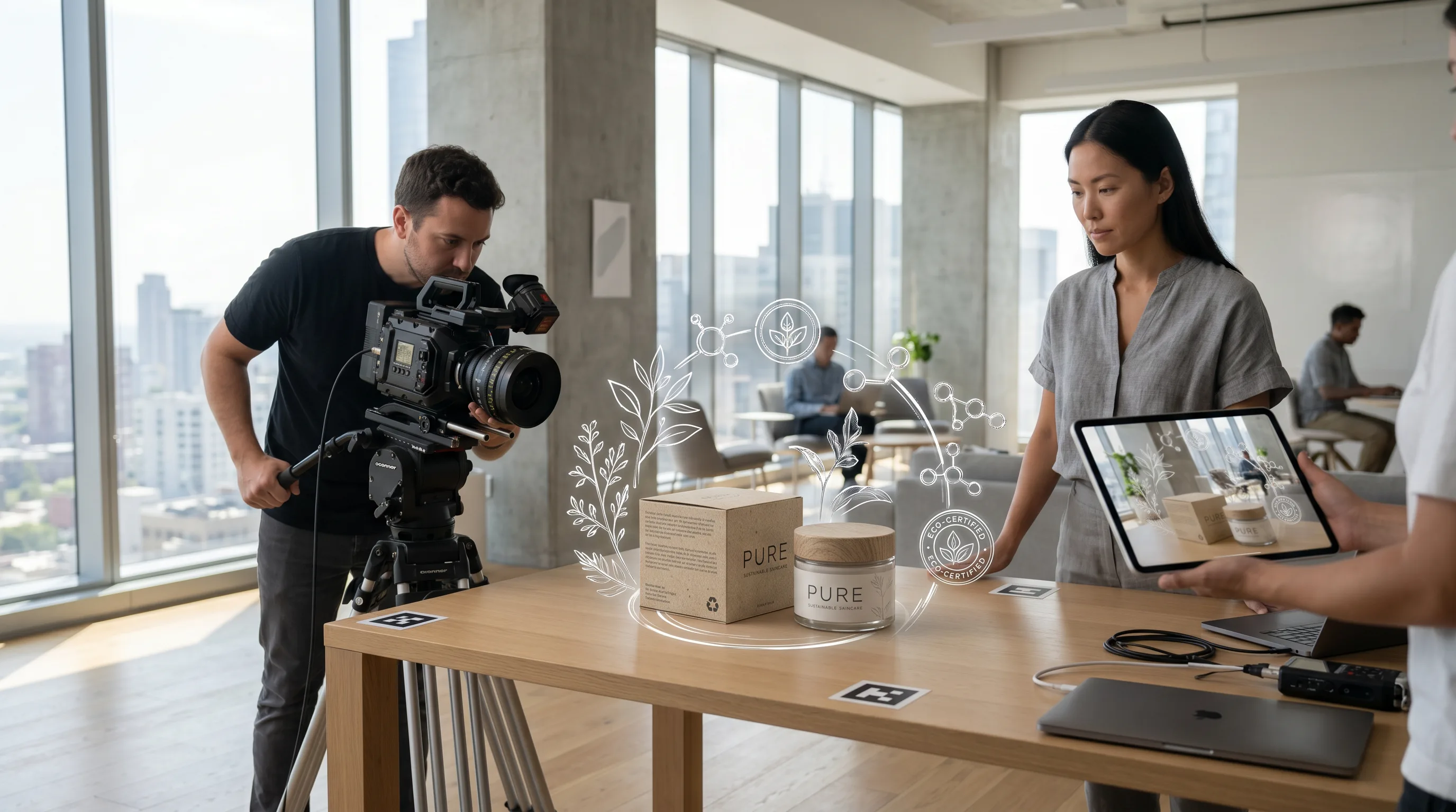 Marketers filming product demo with AR graphics around eco-friendly packaging.