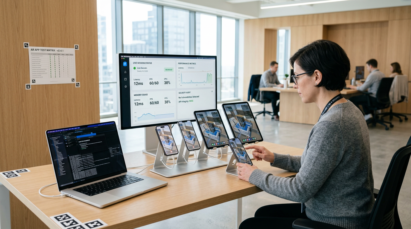 Engineer testing AR app stability across multiple iPhones and iPads in a clean QA lab