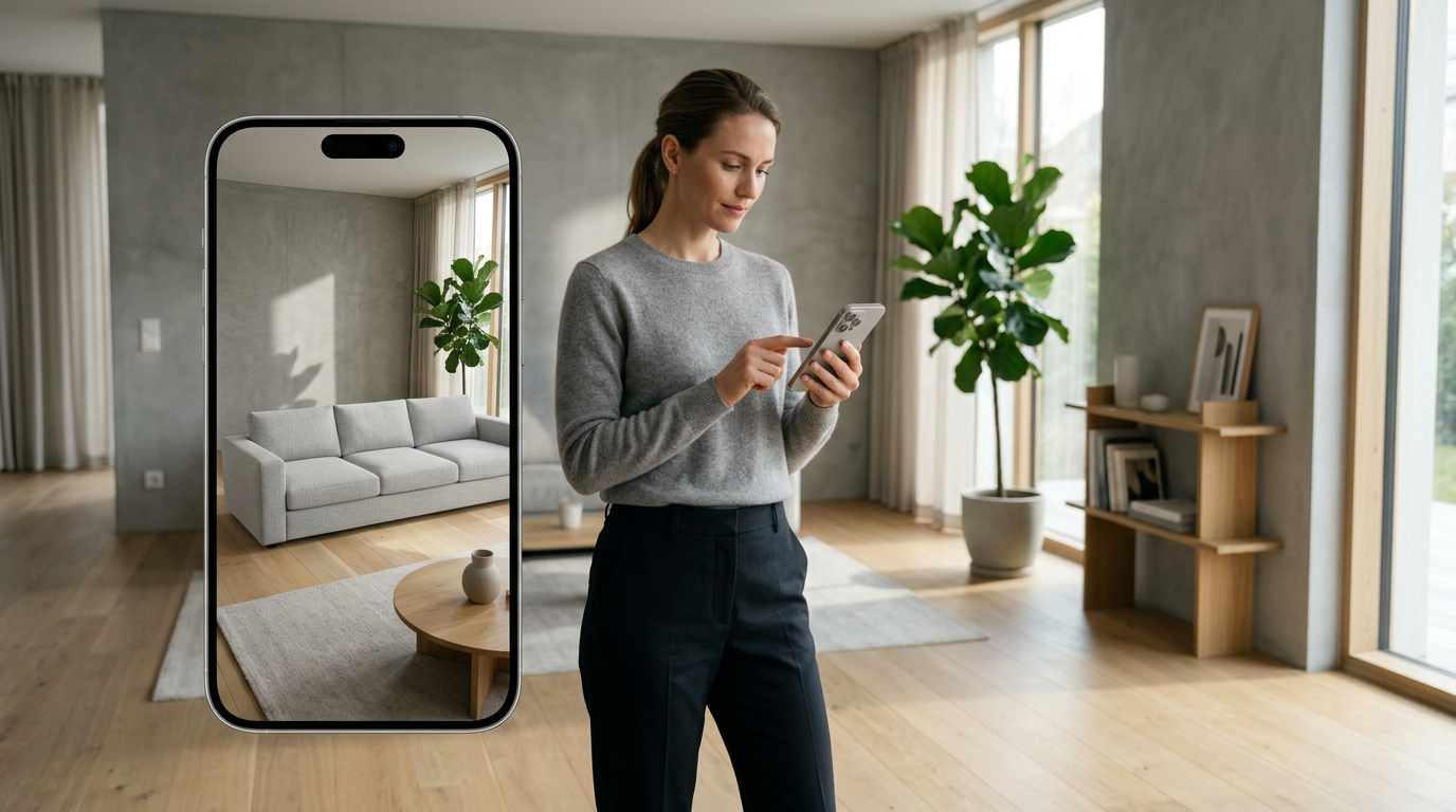 Shopper using AR app on smartphone to visualize sofa in modern living room.