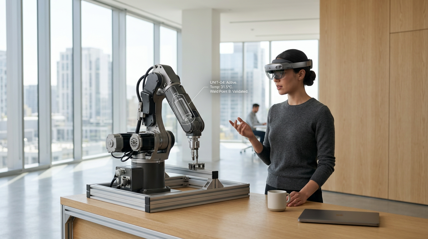 Engineer wearing AR headset giving voice command to highlight machine parts.