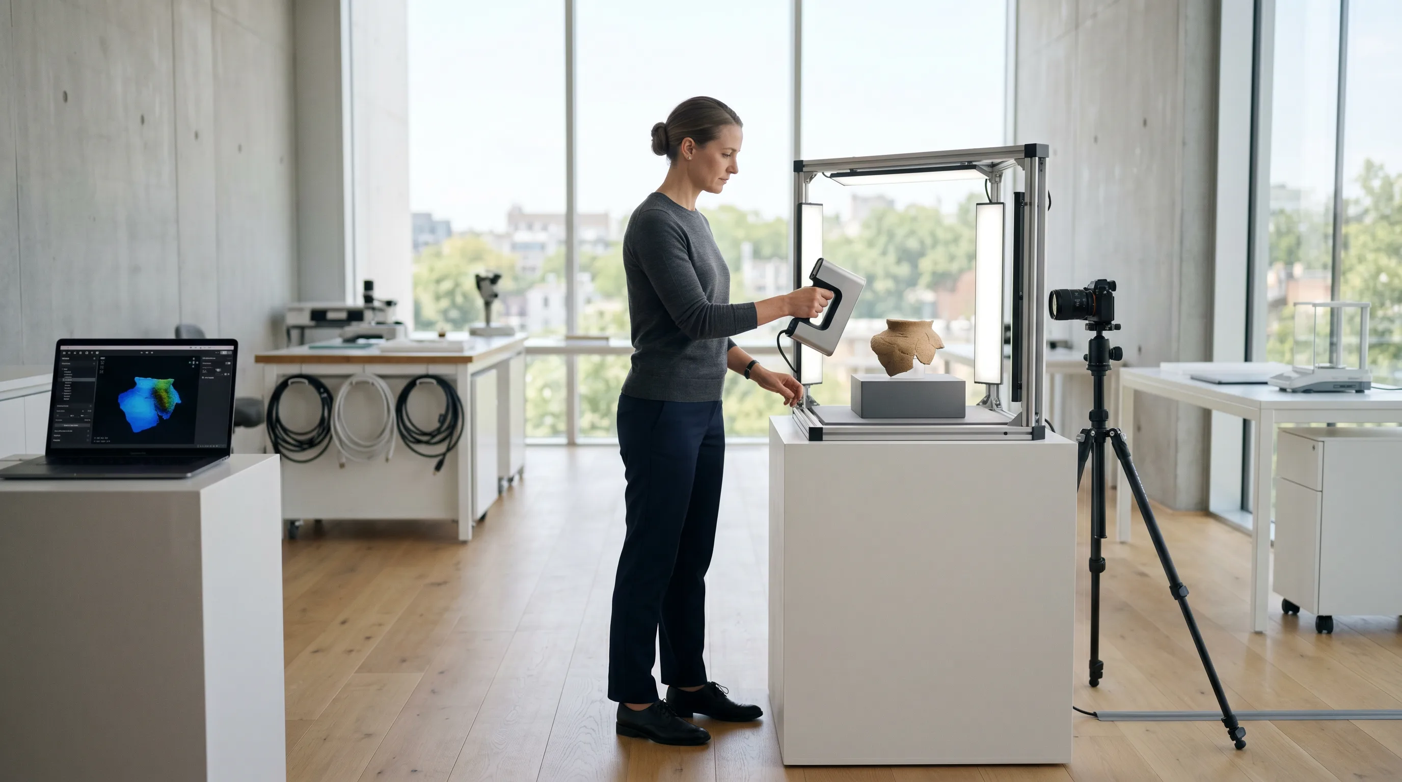 Curator using a precision 3D scanner to capture a historical artifact in a bright modern museum lab.