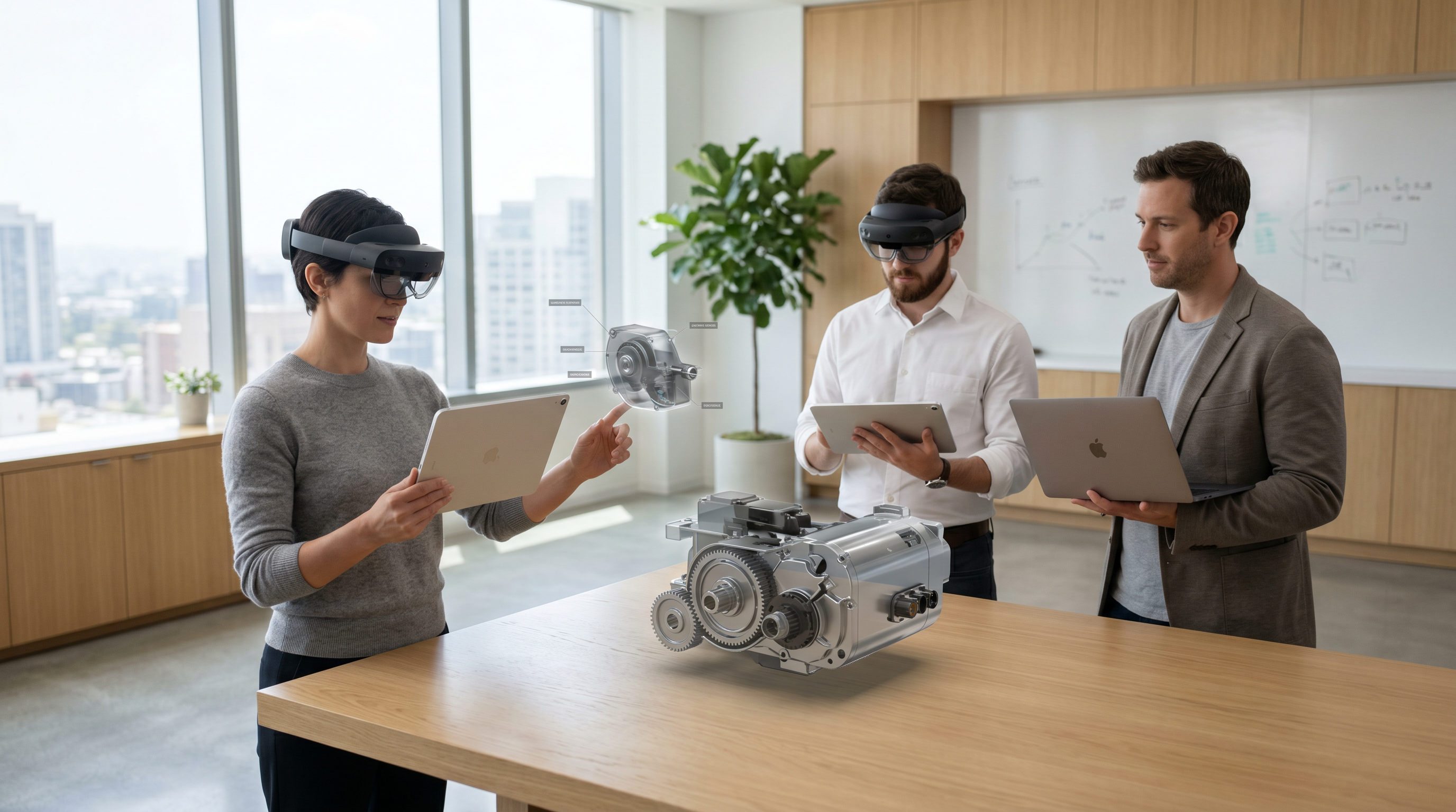 Developers testing augmented reality app on tablets and AR headsets in a bright modern office.