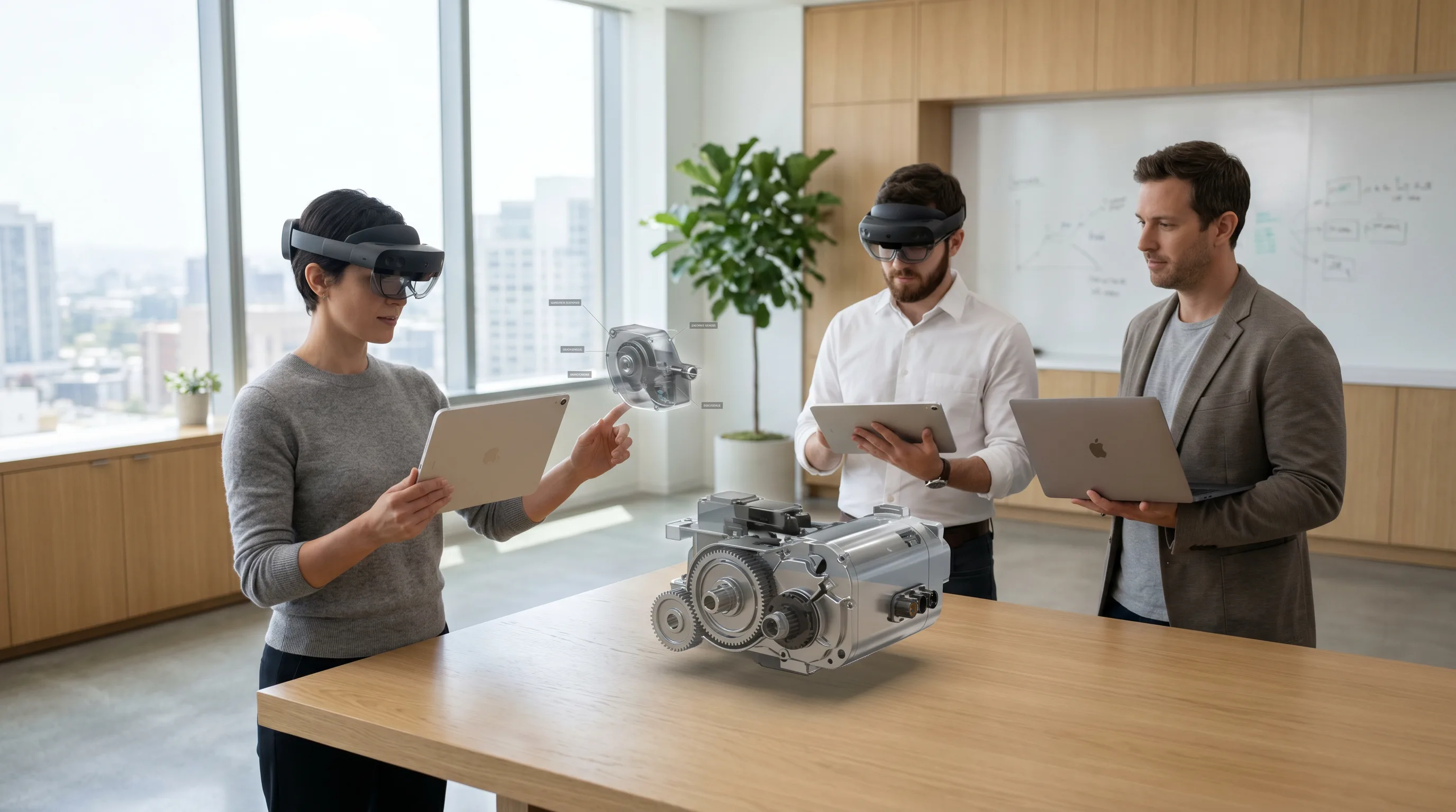Developers testing augmented reality app on tablets and AR headsets in a bright modern office.