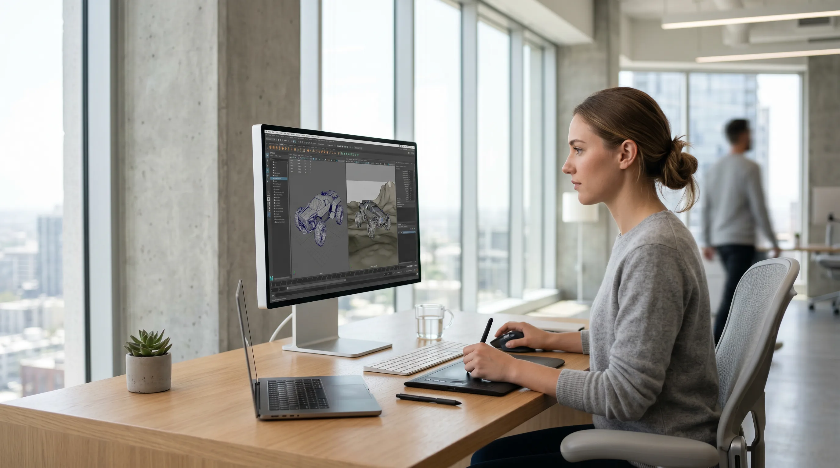 Designer adjusting 3D models on a sleek computer for augmented reality deployment.