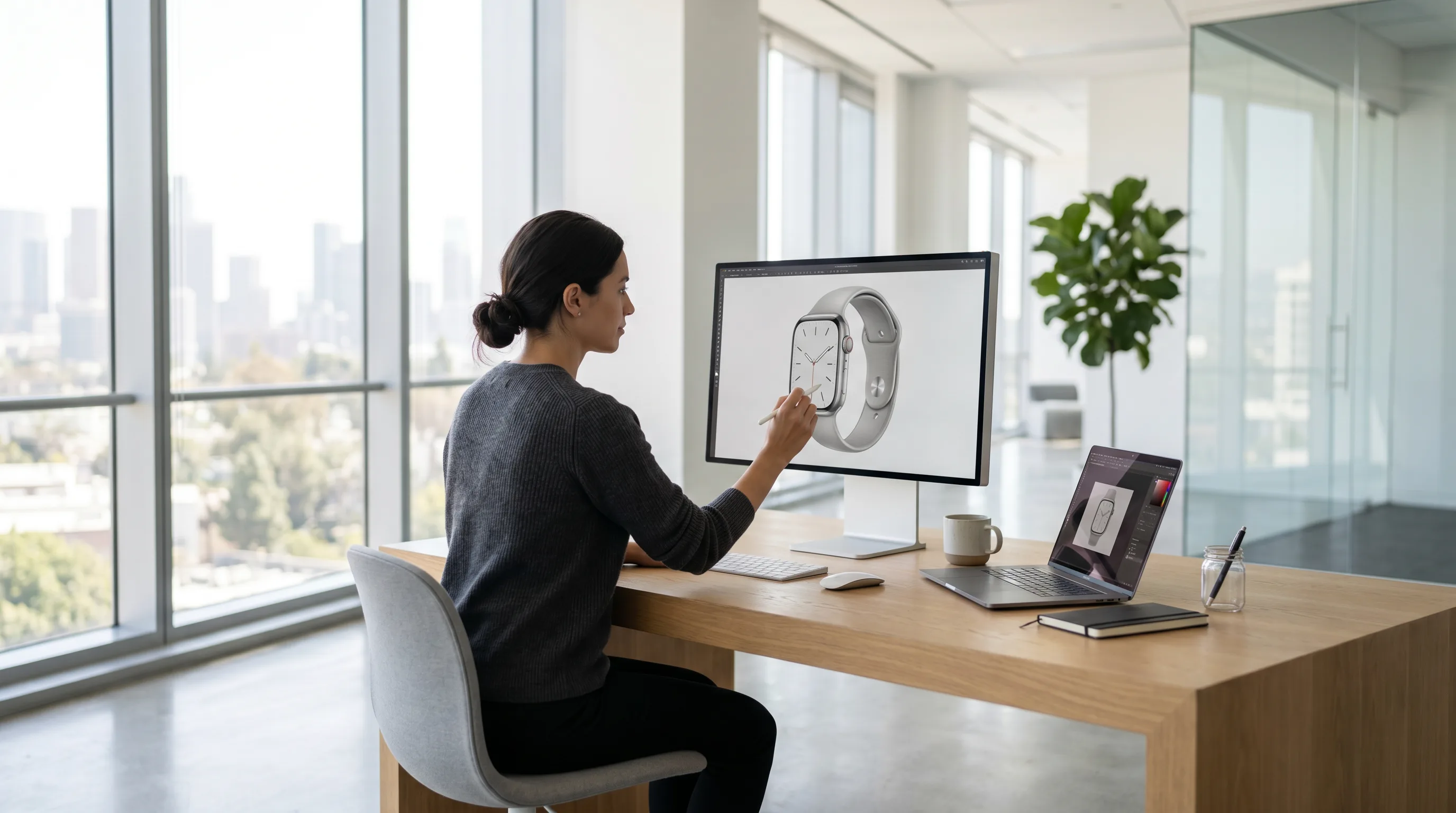 Designer adjusting lighting and materials for a realistic wearable device render on computer monitor