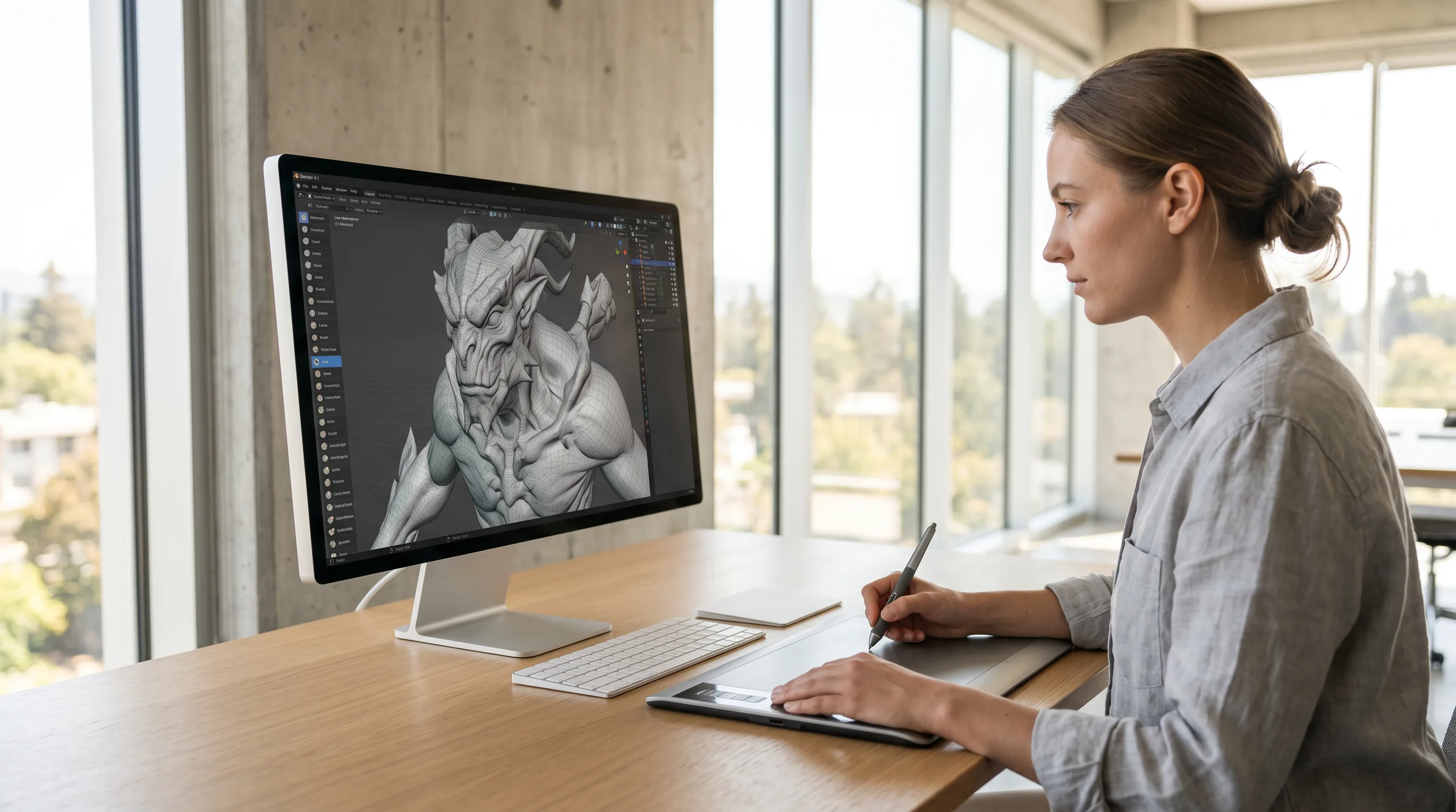 Designer sculpting a detailed 3D character with a stylus tablet in a bright minimalist workspace.
