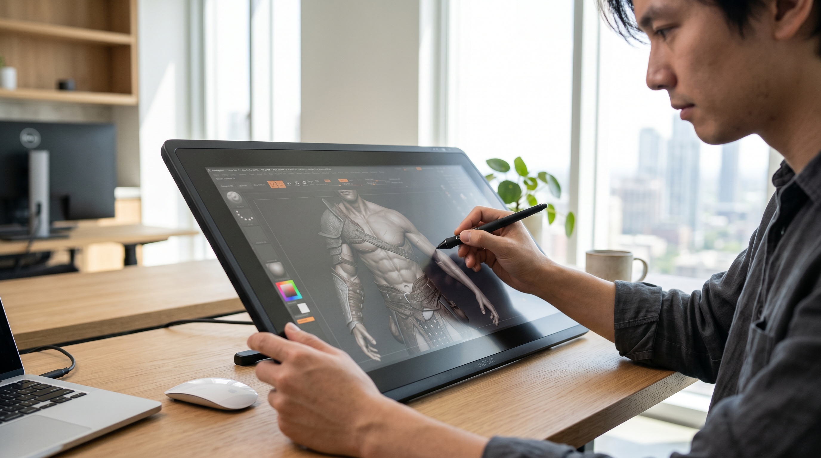 Digital sculptor refining a character model with a pen tablet in a bright minimalist workspace
