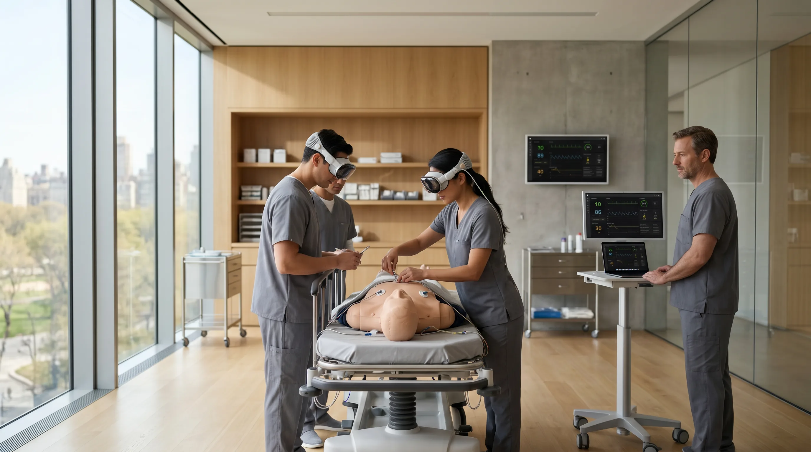 Emergency staff using Vision Pro headsets for a realistic VR medical response simulation