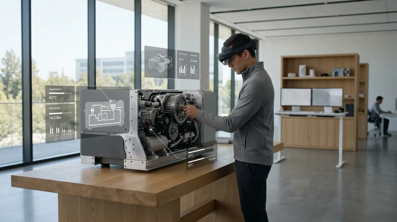 Engineer wearing HoloLens inspects industrial machinery with subtle AR performance overlays.