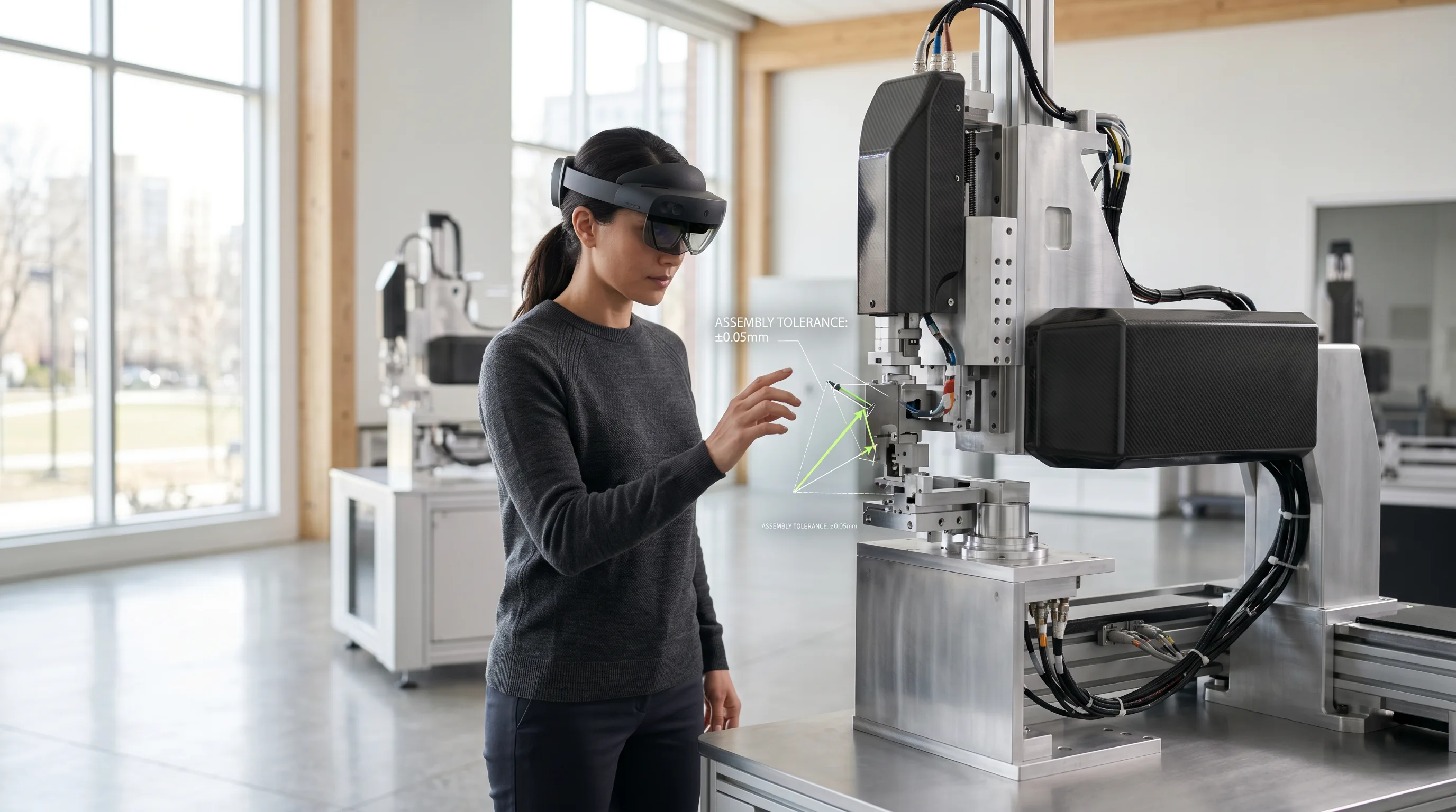 Engineer wearing HoloLens inspects industrial machinery with subtle AR guidance overlays.