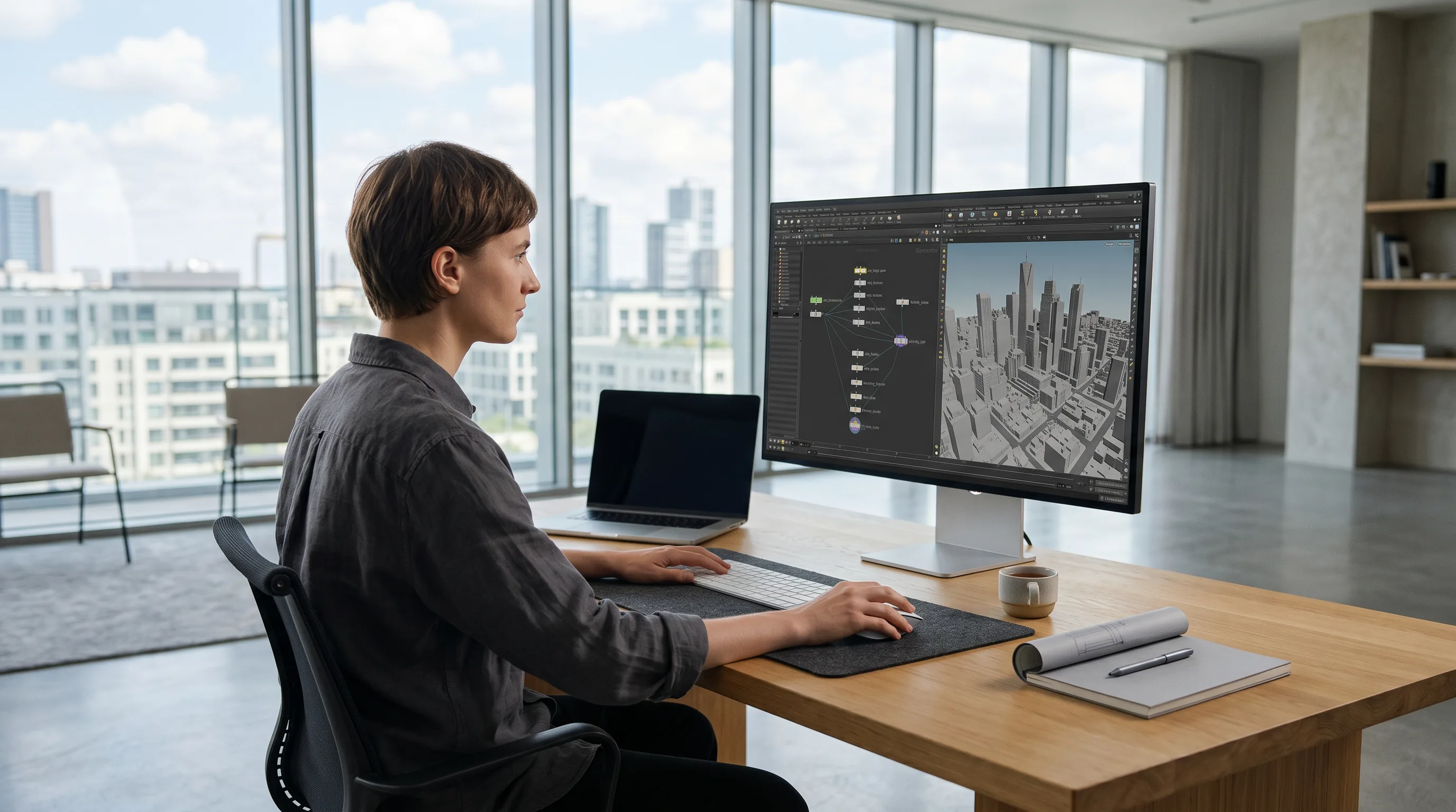Artist adjusting procedural nodes in Houdini with a city model on a large monitor.