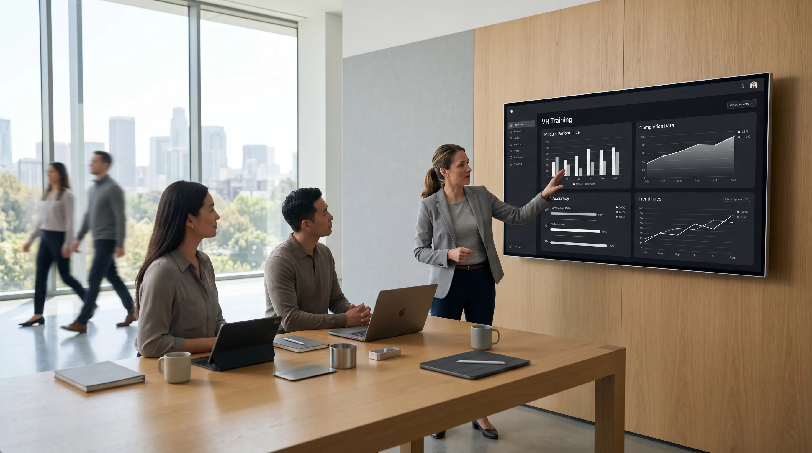 Instructor guiding students through VR training analytics on a large screen in a modern workspace.