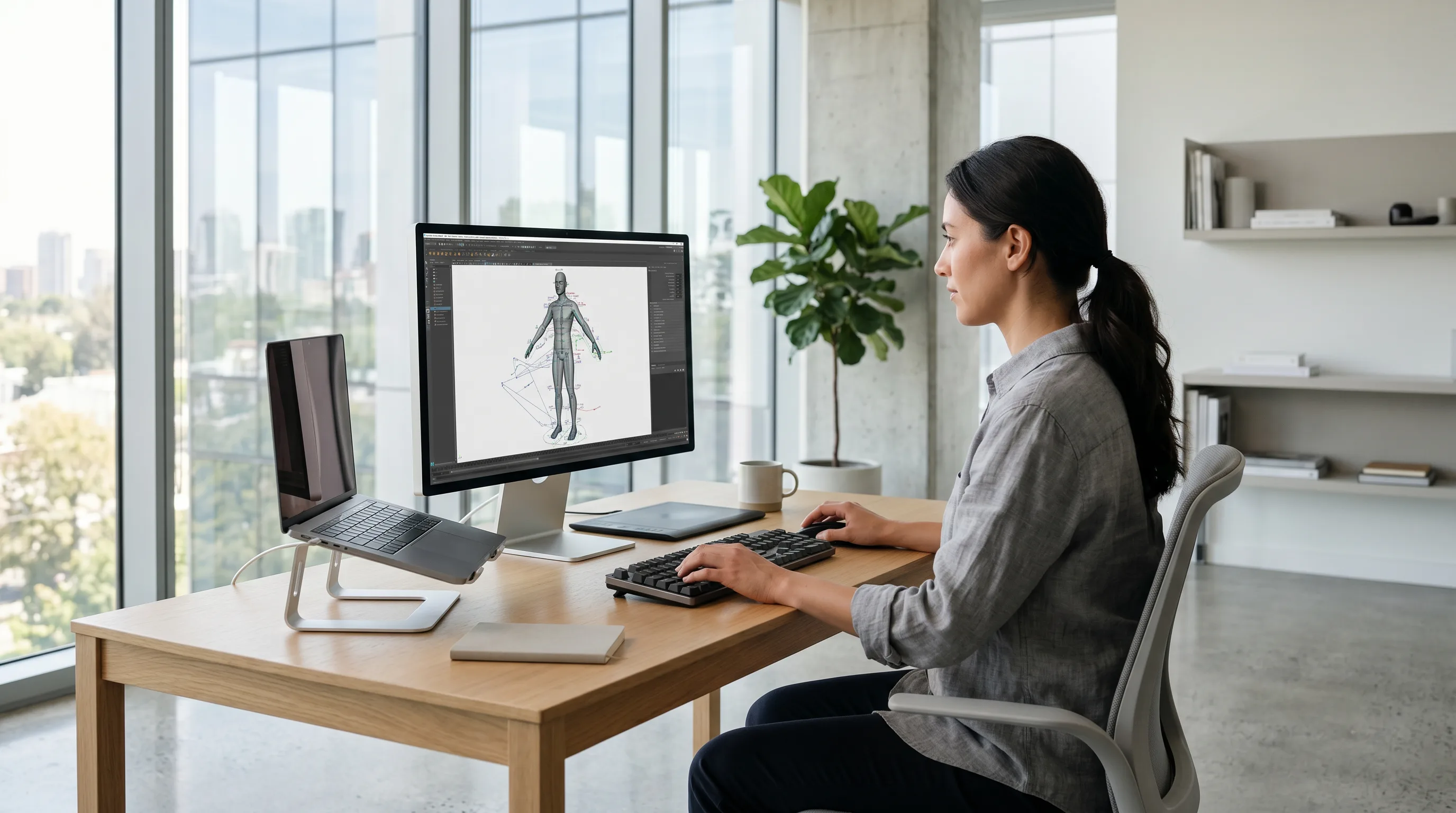 Rigger setting up digital skeleton and joint controls on a character model in Maya.