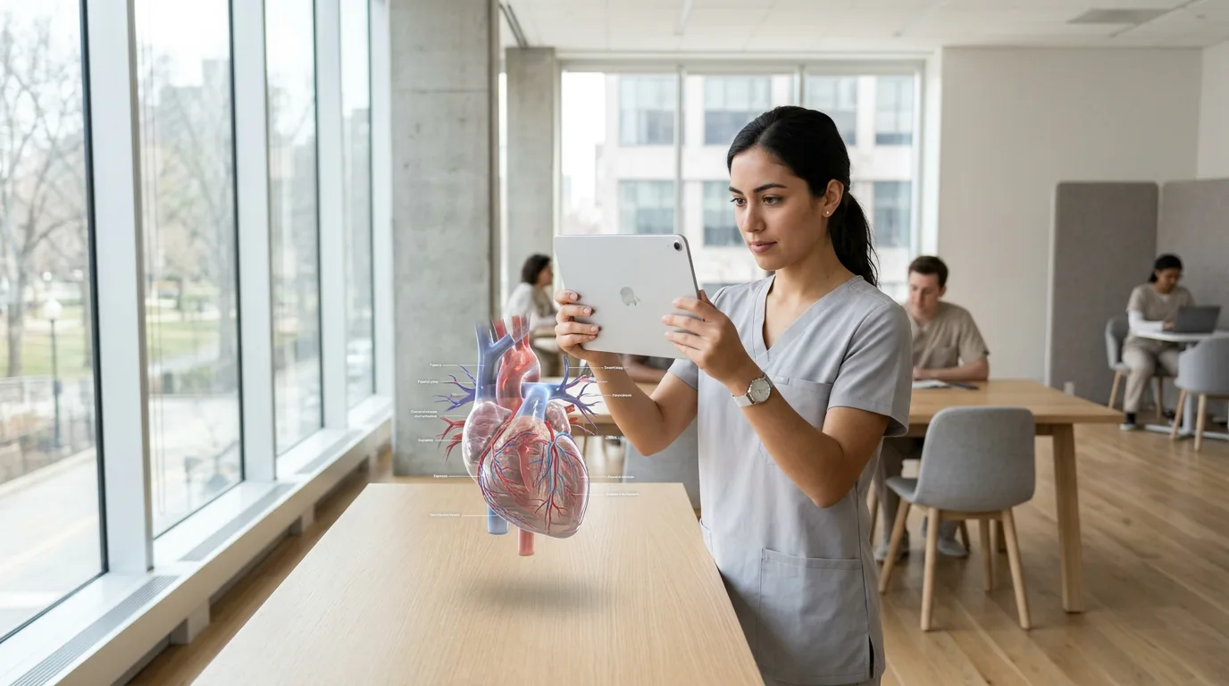 Medical student examines a 3D anatomical model using an AR tablet in a bright classroom.