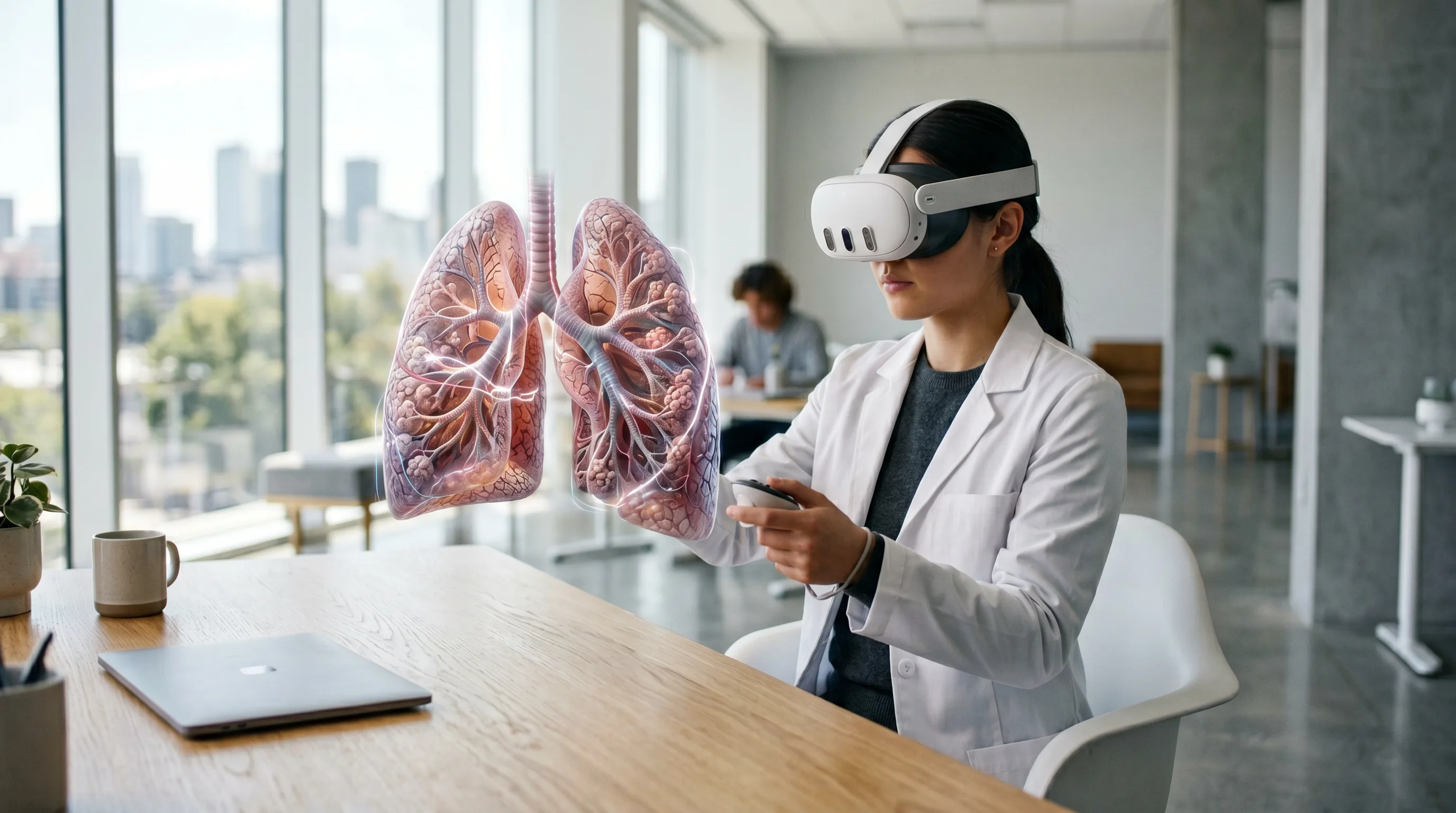Medical student wearing a VR headset exploring a 3D anatomical model in a bright classroom.