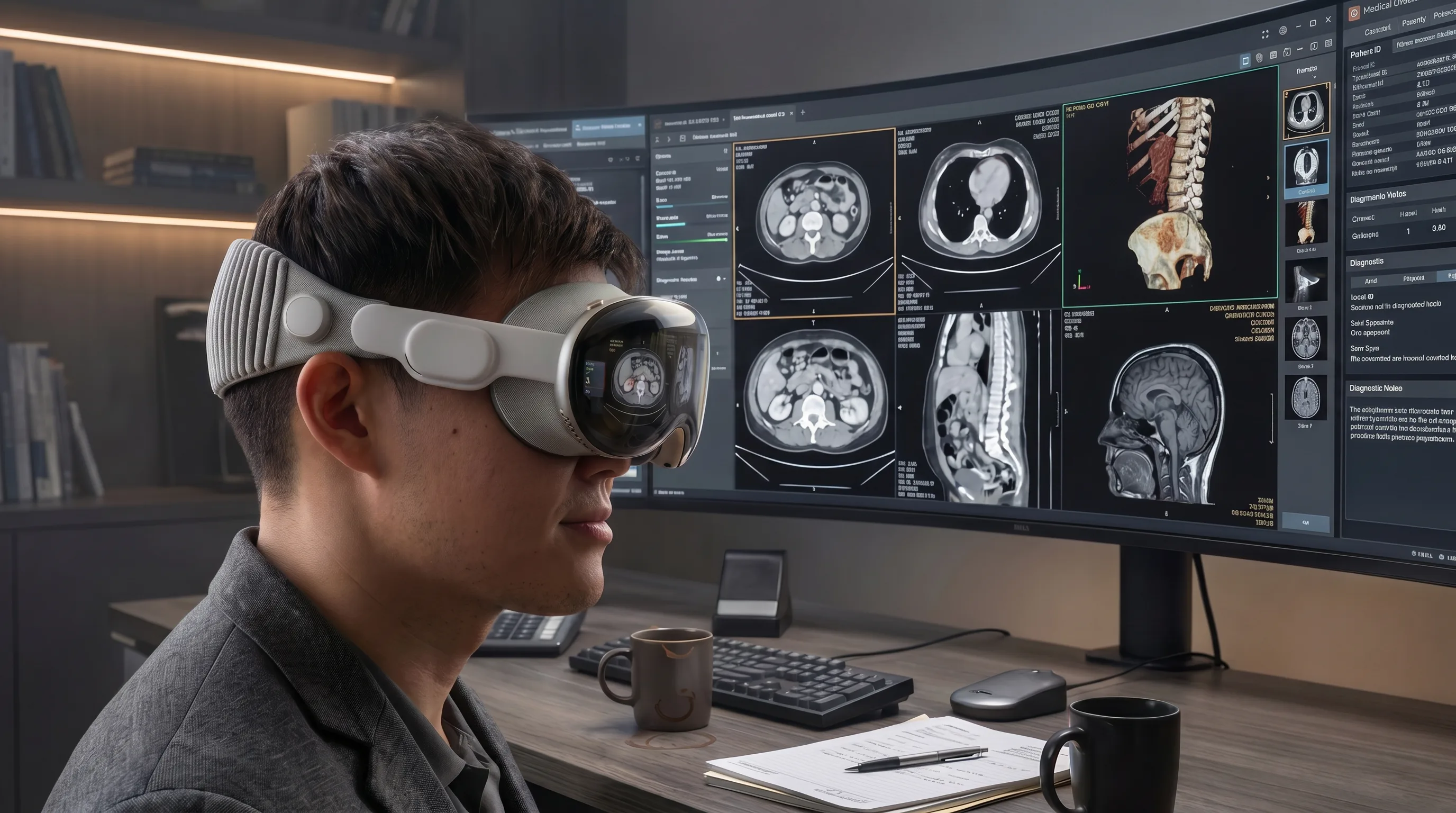 Medical trainees using VR headsets to practice surgery in a bright, minimalist training lab.
