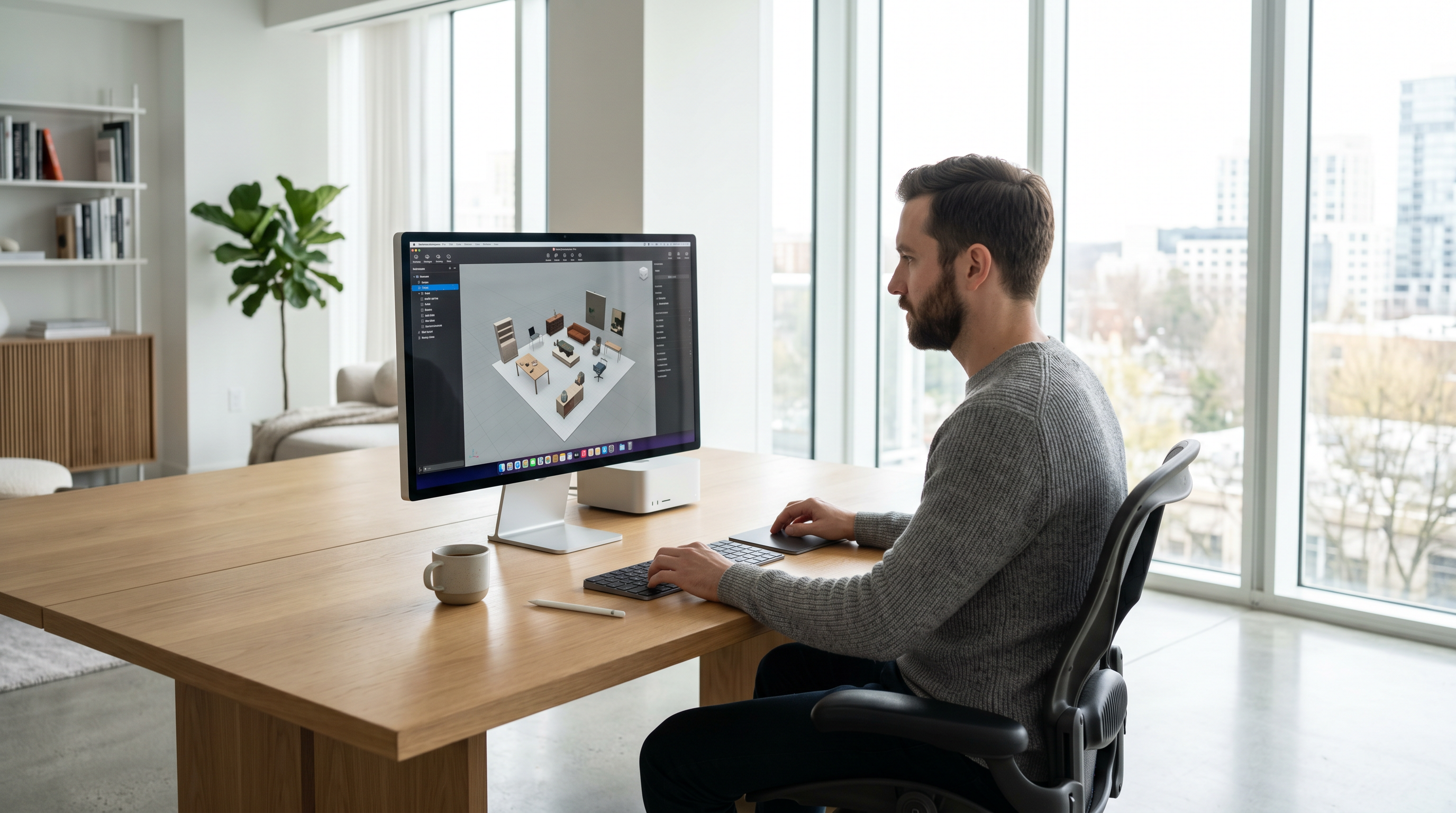 Designer using Reality Composer Pro on a Mac Studio arranging 3D objects during a prototyping session.