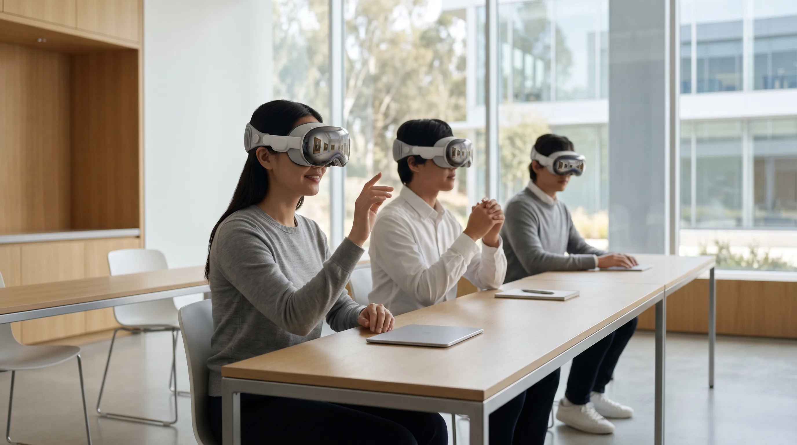 Students wearing VR headsets collaboratively exploring a virtual art gallery in a bright classroom.
