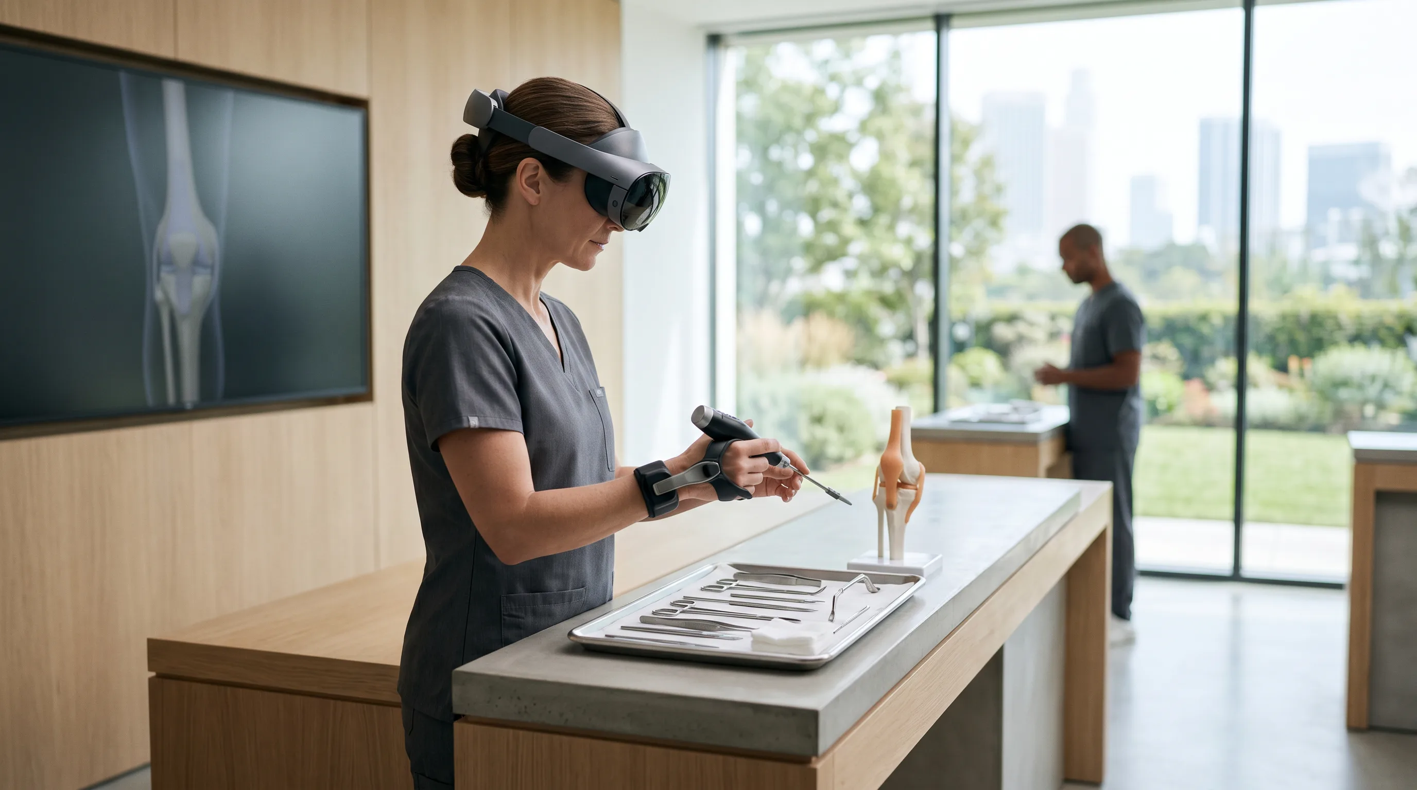 Surgeon using a VR headset and haptic device to simulate an orthopedic procedure in a clean workspace.