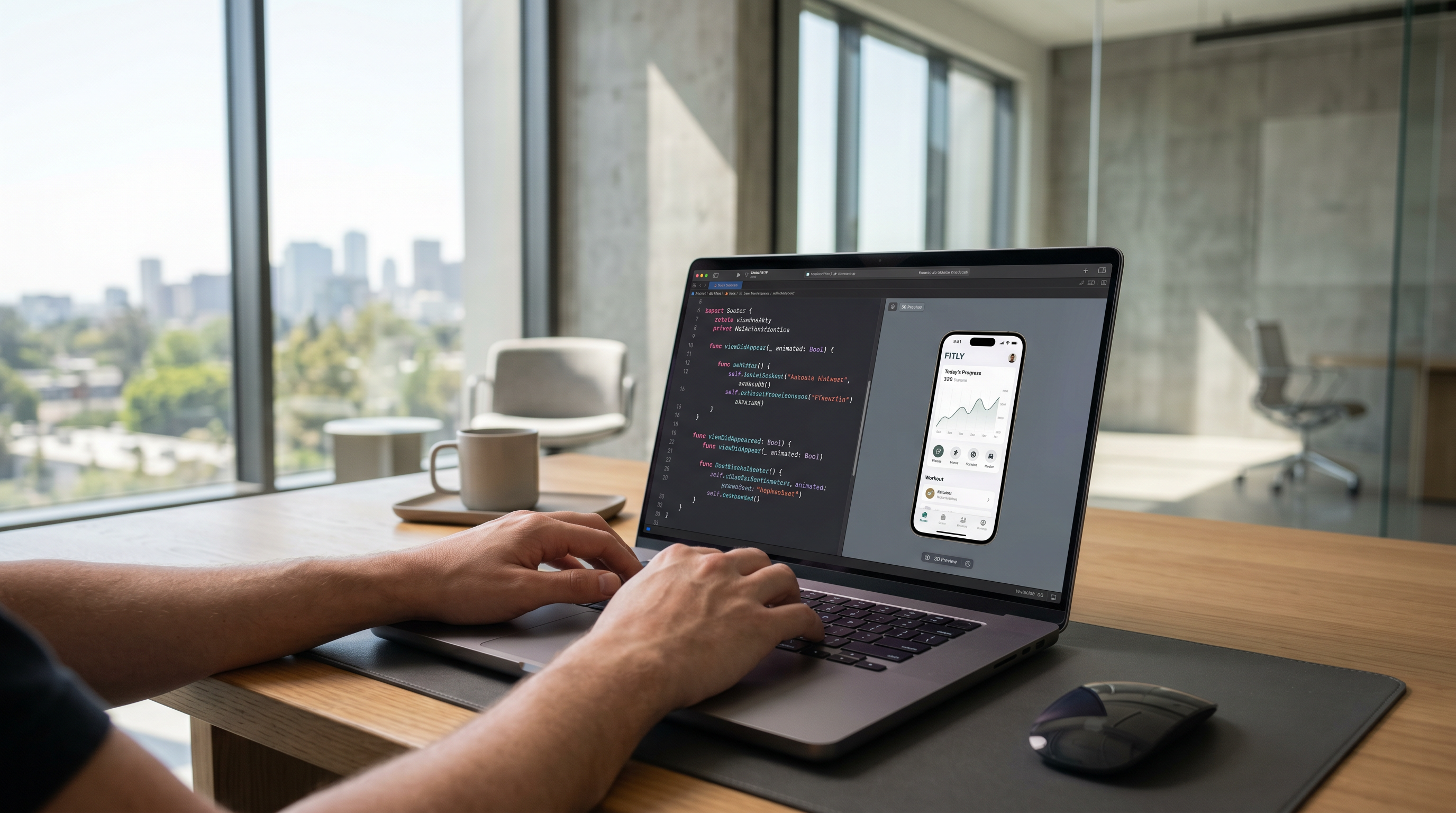 Close-up of hands typing Swift code in Xcode with 3D preview of iOS app interface.