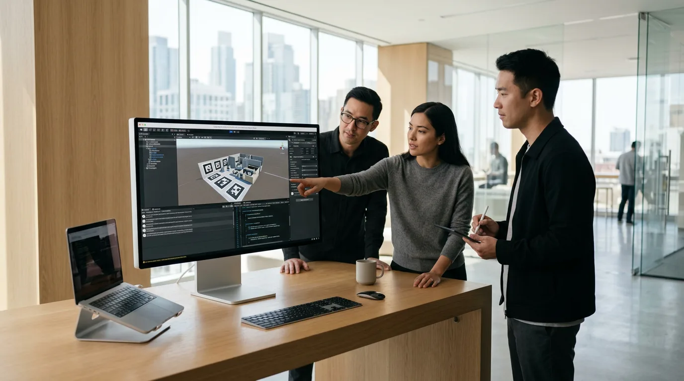 Engineers discussing a 3D AR scene in the Unity Editor on a large monitor.