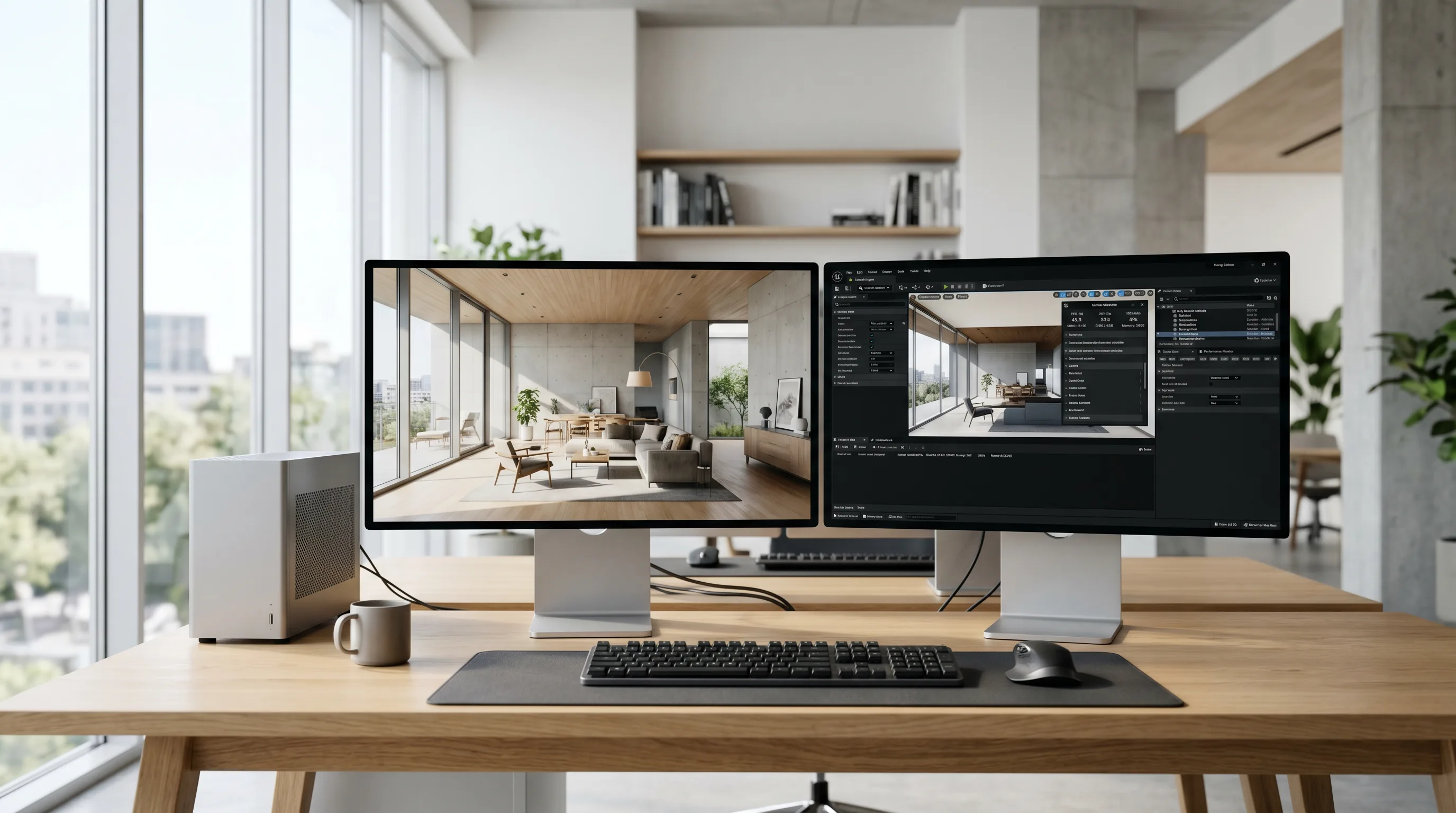 Dual-monitor Unreal Engine rendering setup showing photorealistic interior and performance metrics.