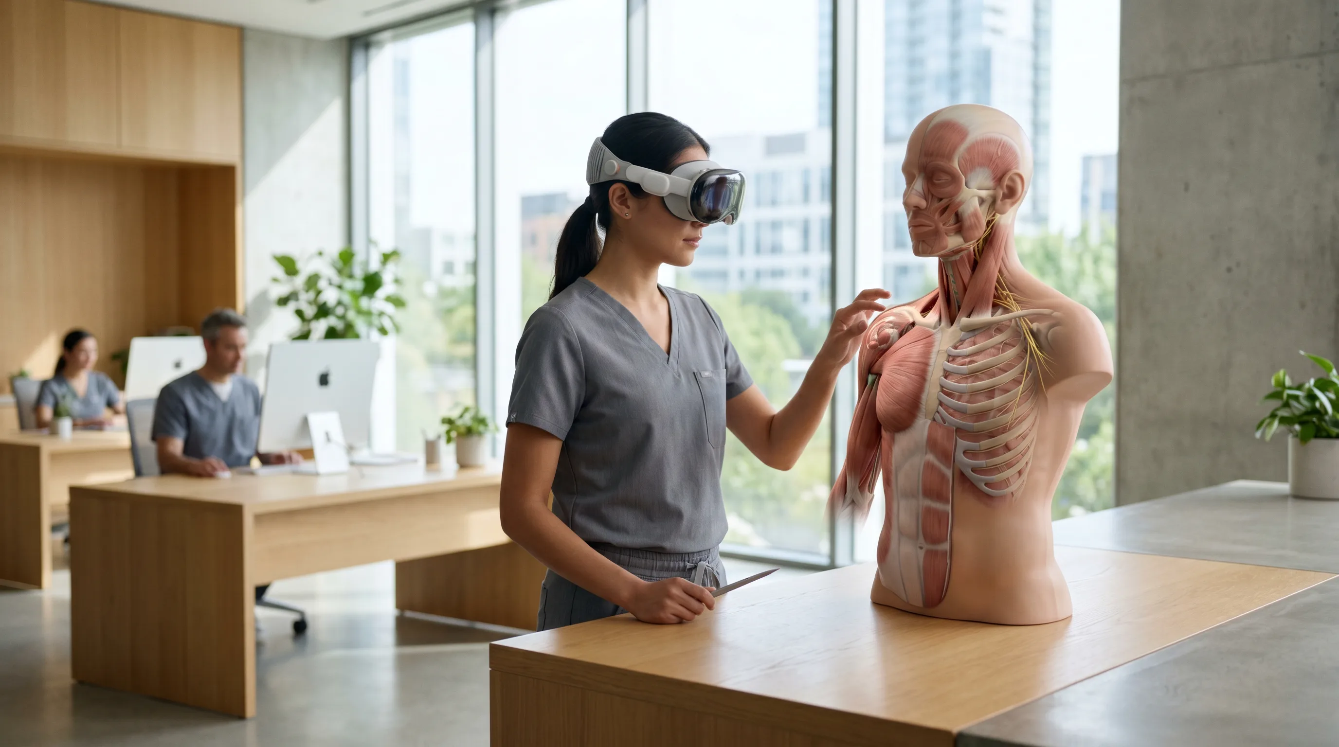 Medical trainee studying a virtual anatomy model through Vision Pro in a modern training room