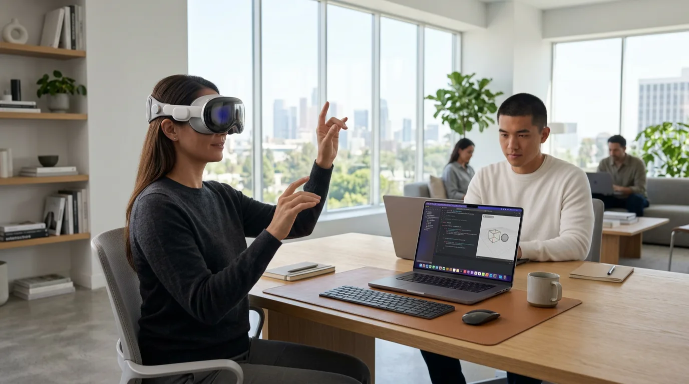 Developer using Apple Vision Pro while another monitors ARKit simulation on a MacBook.