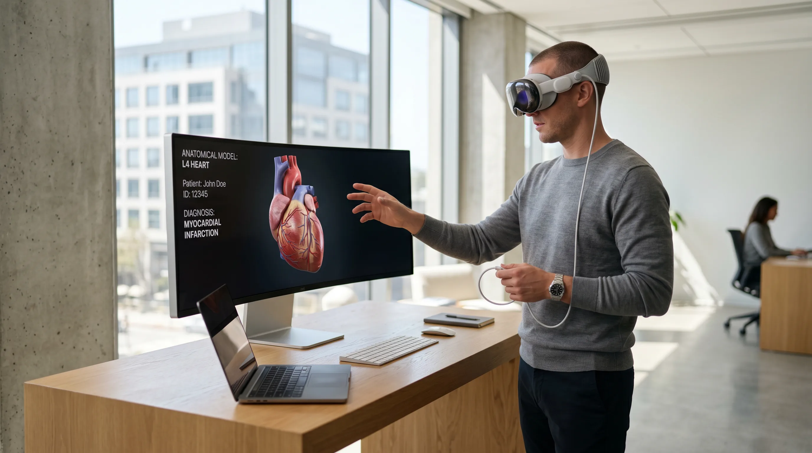 Developer demonstrating Vision Pro integration with patient data and digital twin model