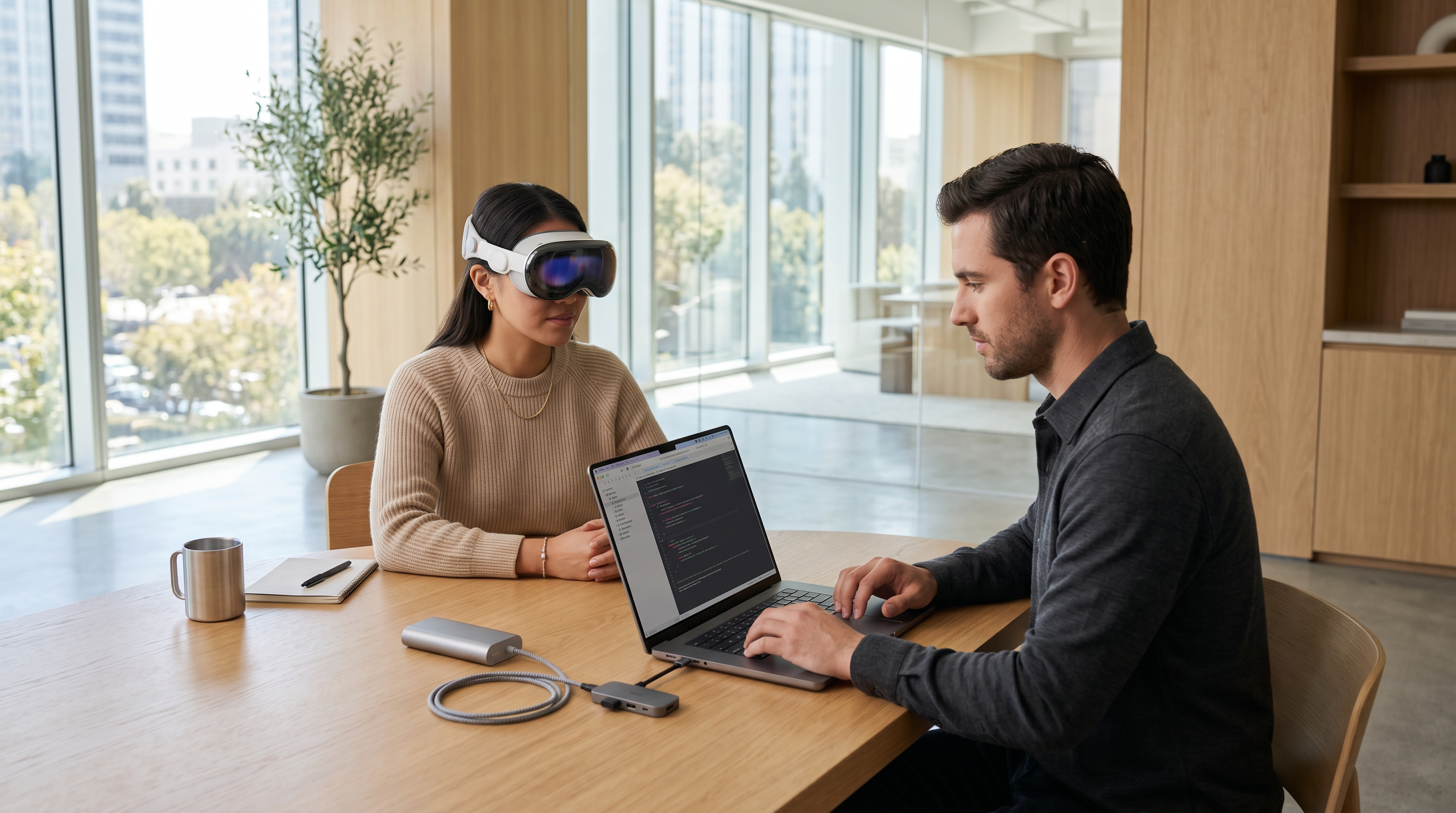 Developers testing Apple Vision Pro headset, one adjusting settings on a MacBook running Xcode.