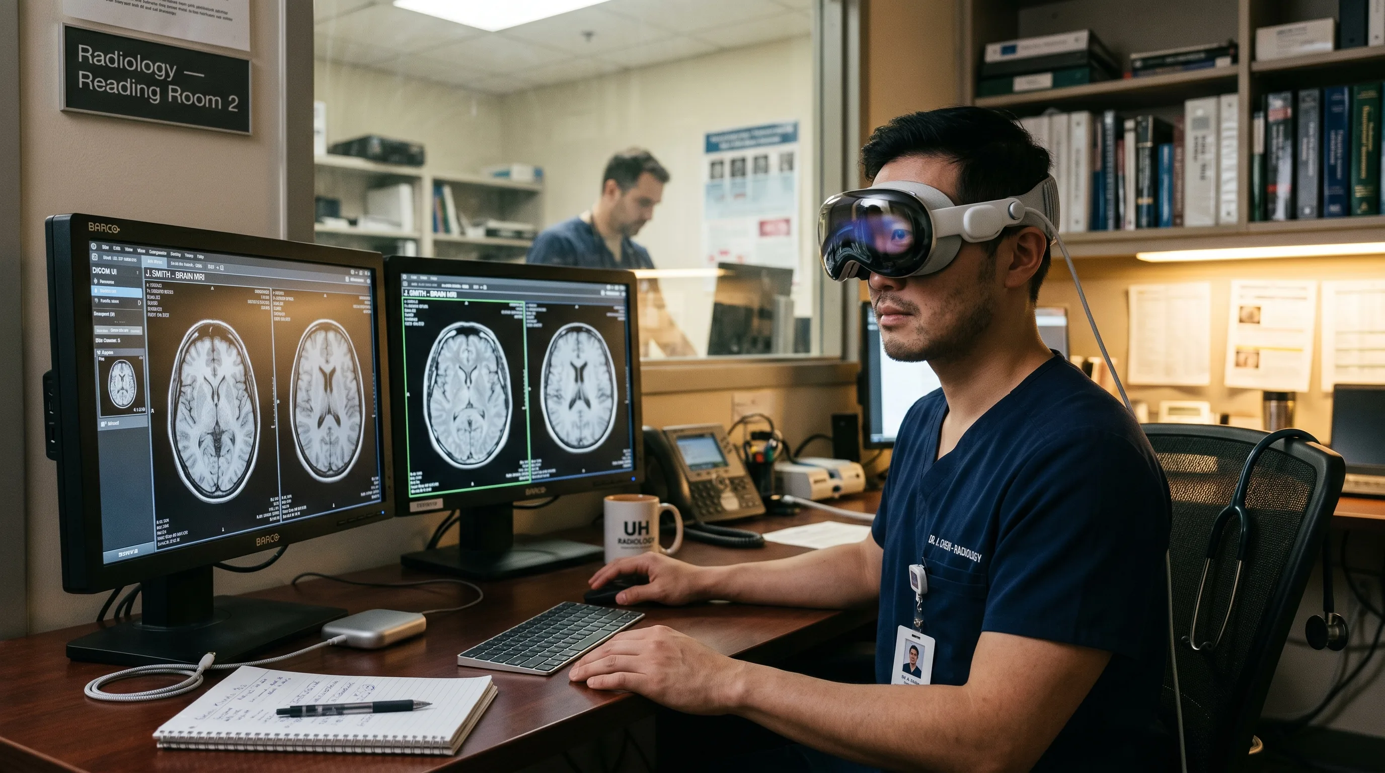 An Asian male radiologist in scrubs wears a white VR headset, looks at two large monitors displaying detailed brain scans, at a cluttered desk labeled "Radiology — Reading Room 2."