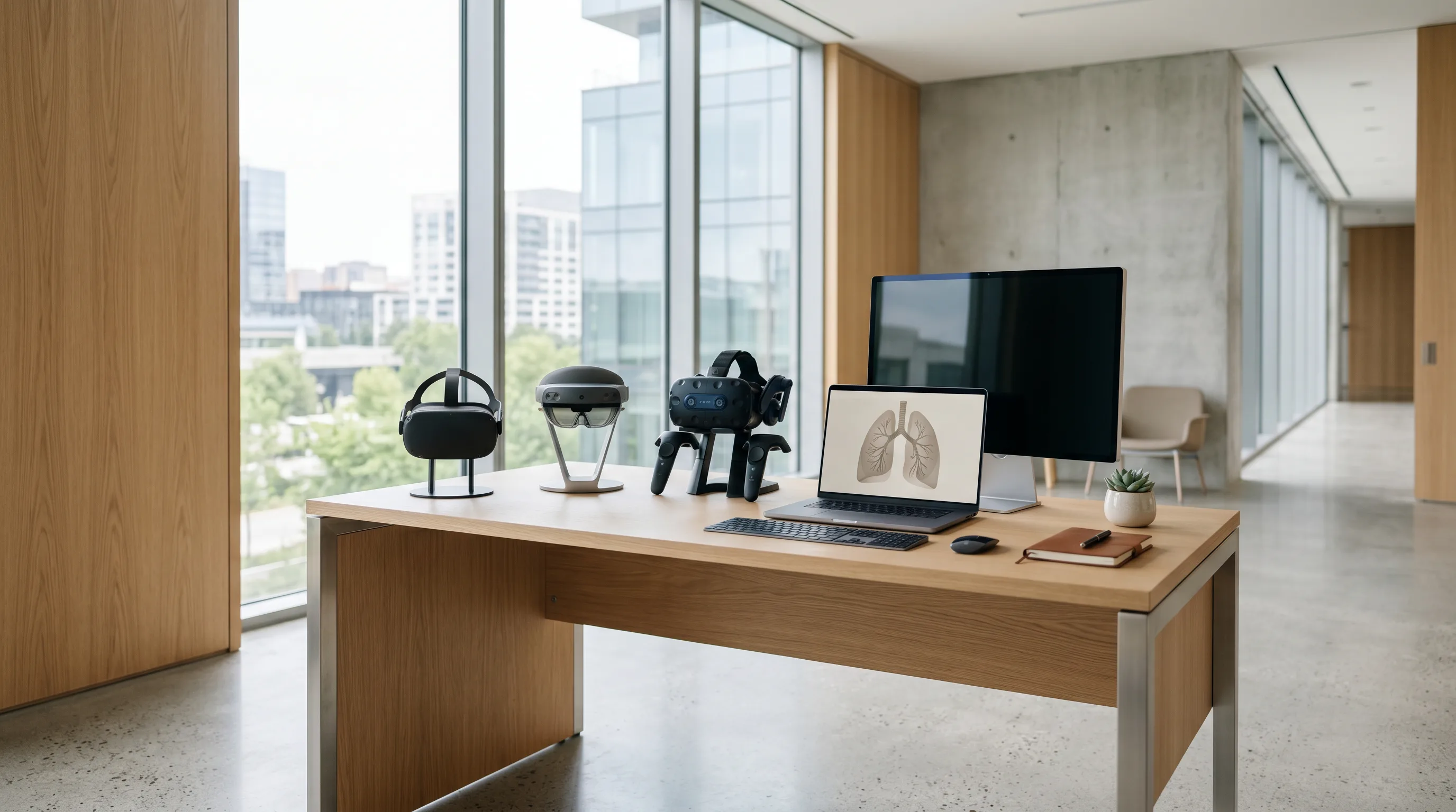 Neatly arranged VR headsets and computers on a clean table in a bright hospital training room.