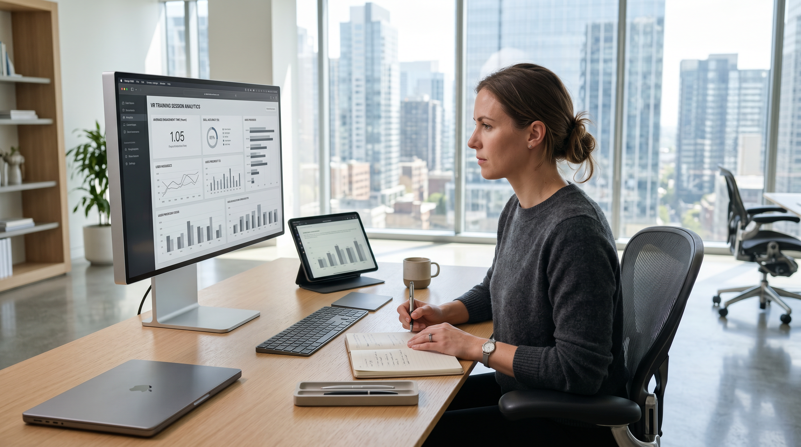 Researcher reviewing VR training performance dashboards in a modern office