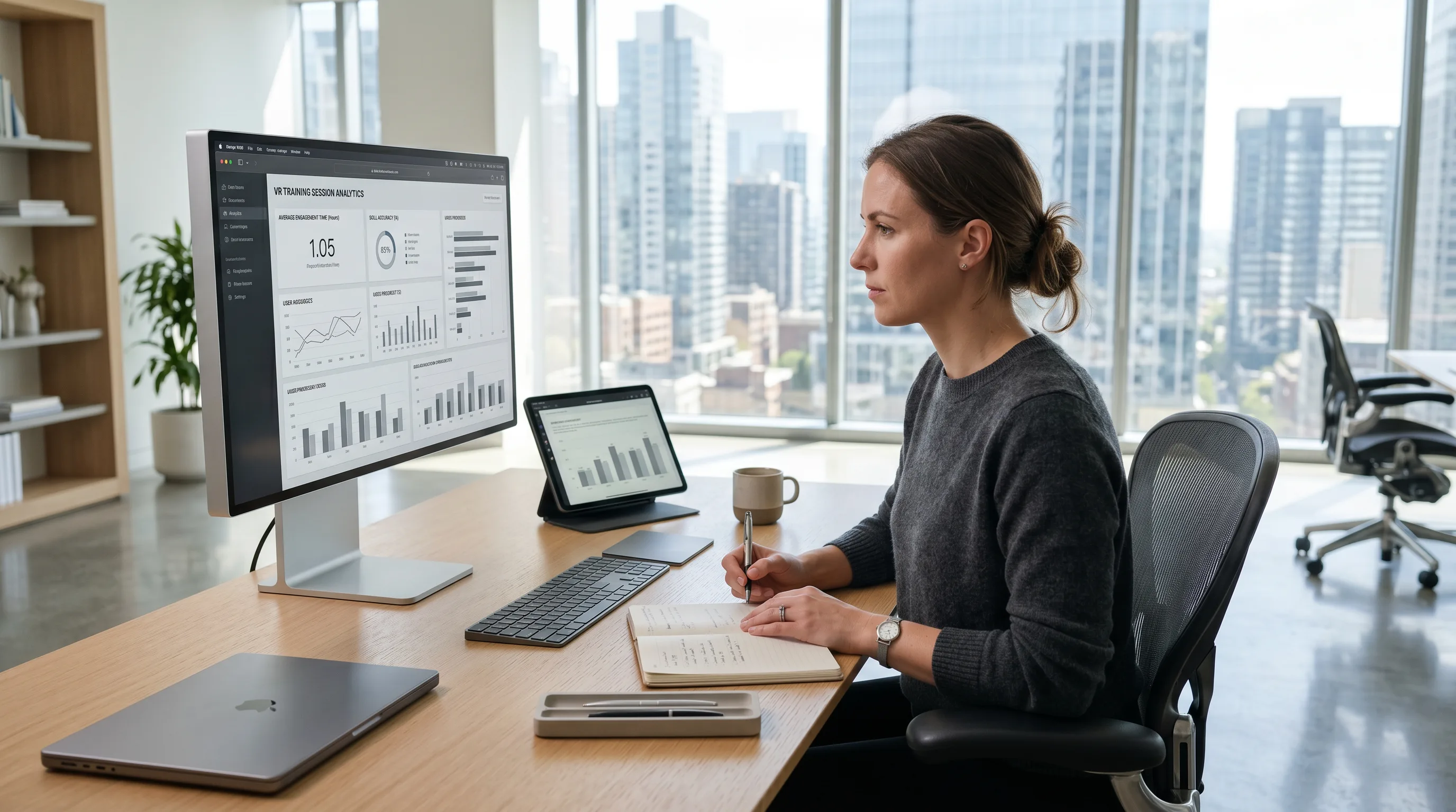 Researcher reviewing VR training performance dashboards in a modern office
