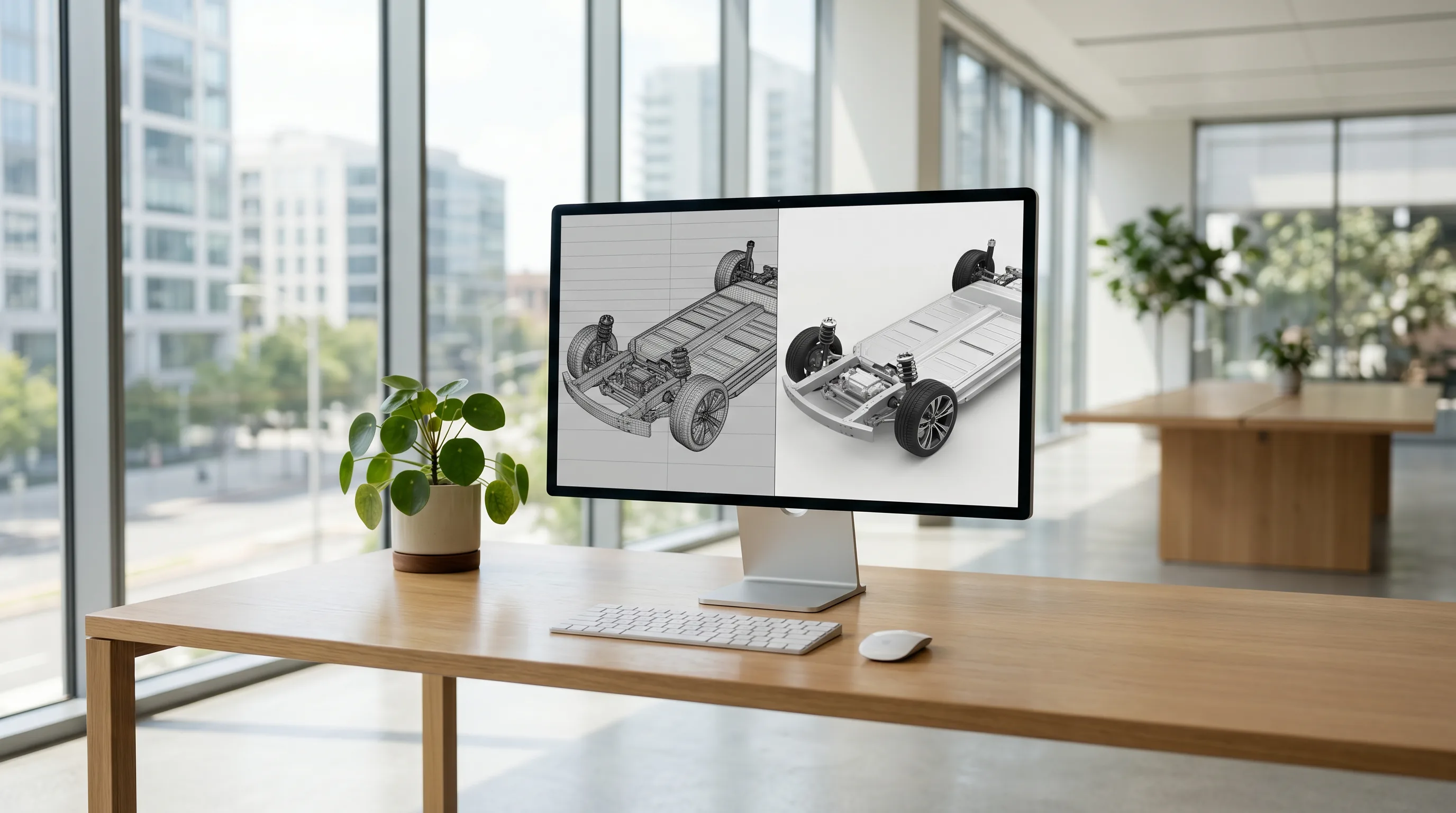 Workstation showing wireframe and rendered 3D model of futuristic electric vehicle chassis