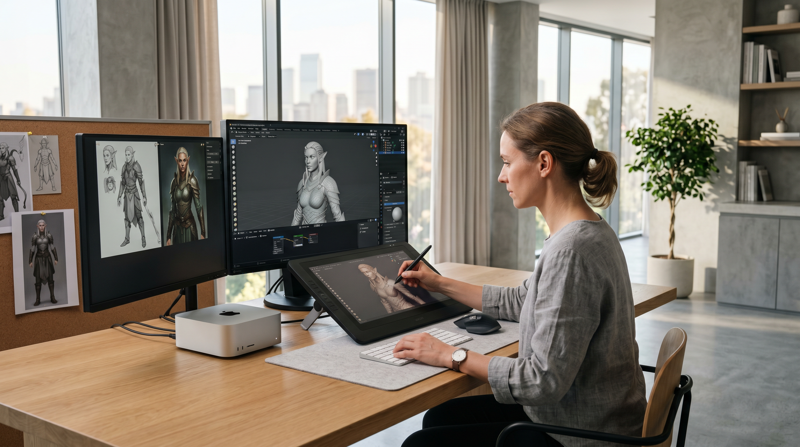 Artist sculpting detailed 3D character model in Blender on high-end workstation with reference images.