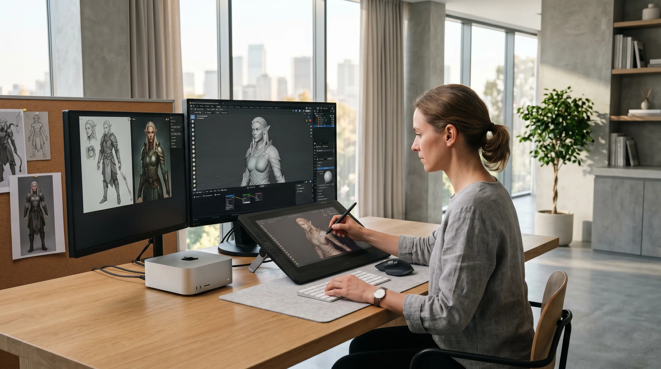 Artist sculpting detailed 3D character model in Blender on high-end workstation with reference images.