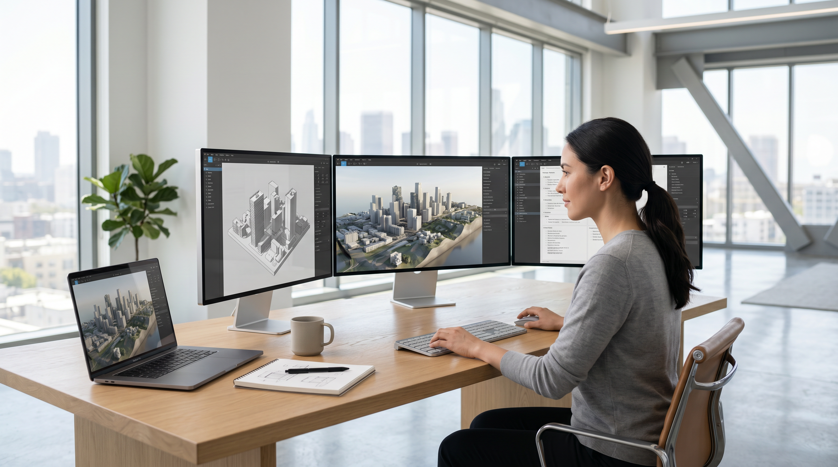 Designer using AI tools for architectural world generation on multiple ultra-thin displays.