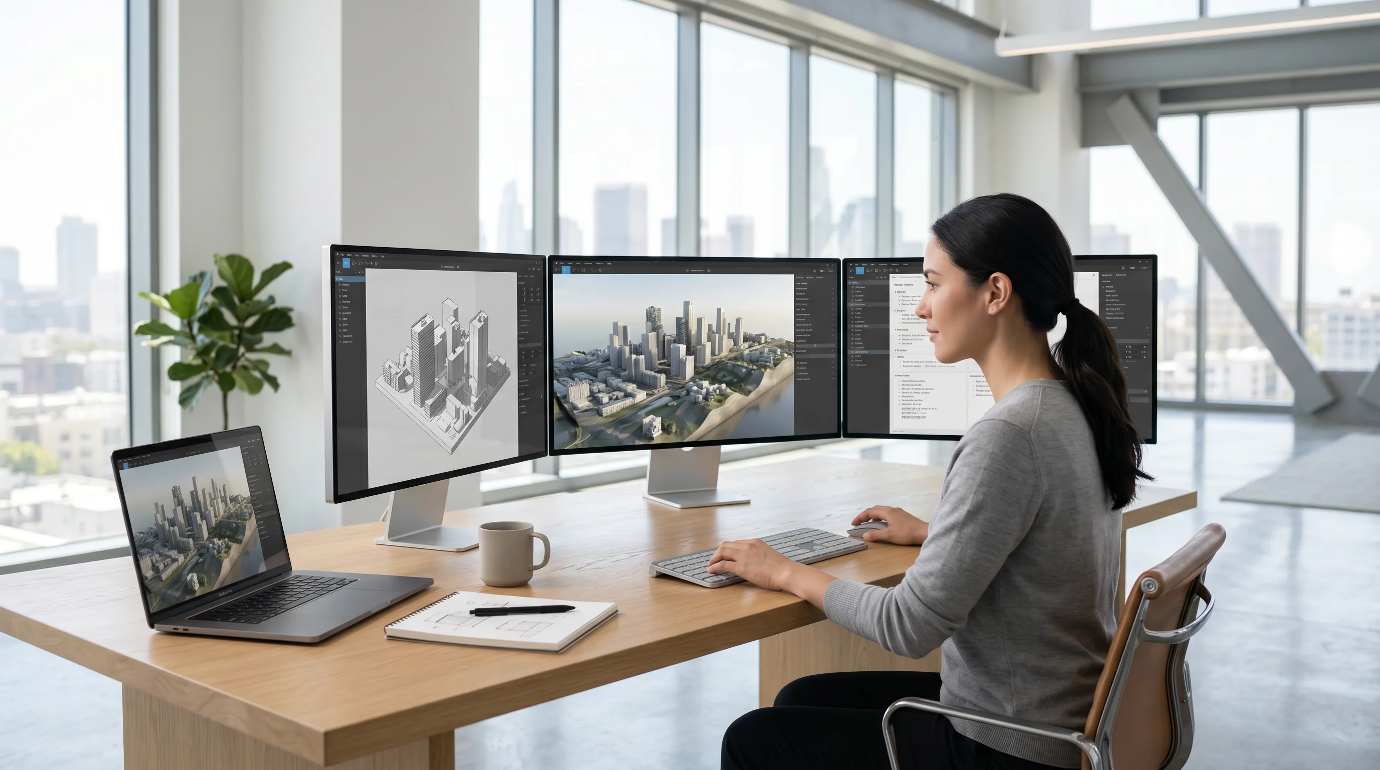 Designer using AI tools for architectural world generation on multiple ultra-thin displays.