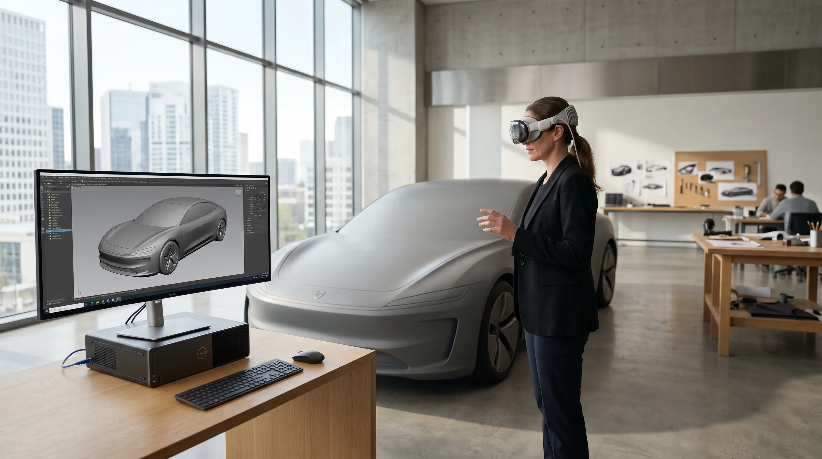 Designer wearing Apple Vision Pro beside sleek car in minimalist automotive studio