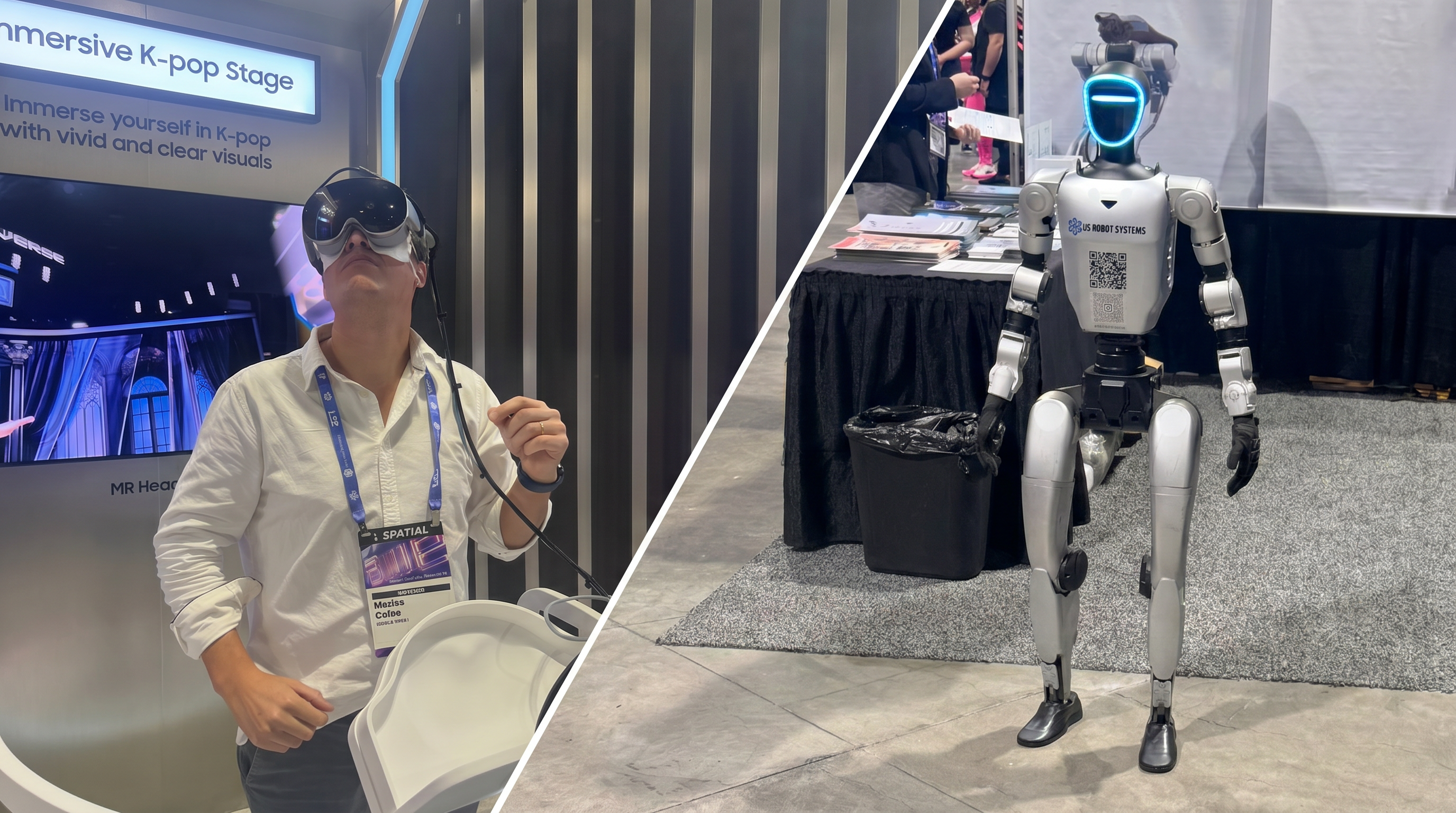 Attendee testing Samsung Galaxy XR mixed reality headset alongside a humanoid robot demonstration at AWE 2026 in Long Beach, California.
