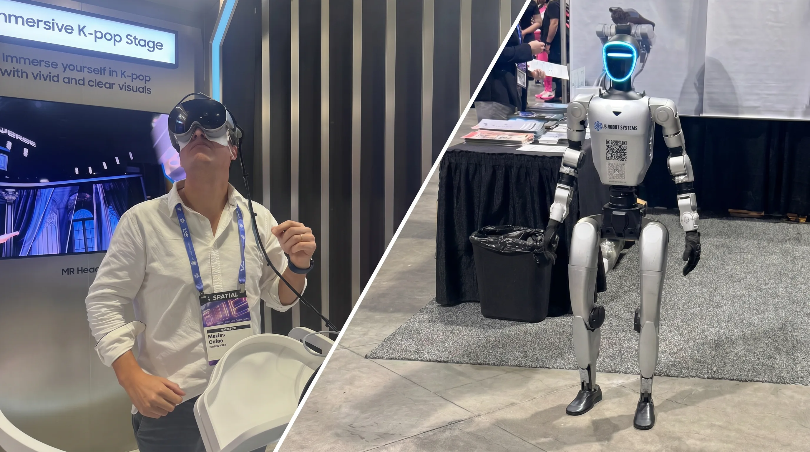 Attendee testing Samsung Galaxy XR mixed reality headset alongside a humanoid robot demonstration at AWE 2026 in Long Beach, California.