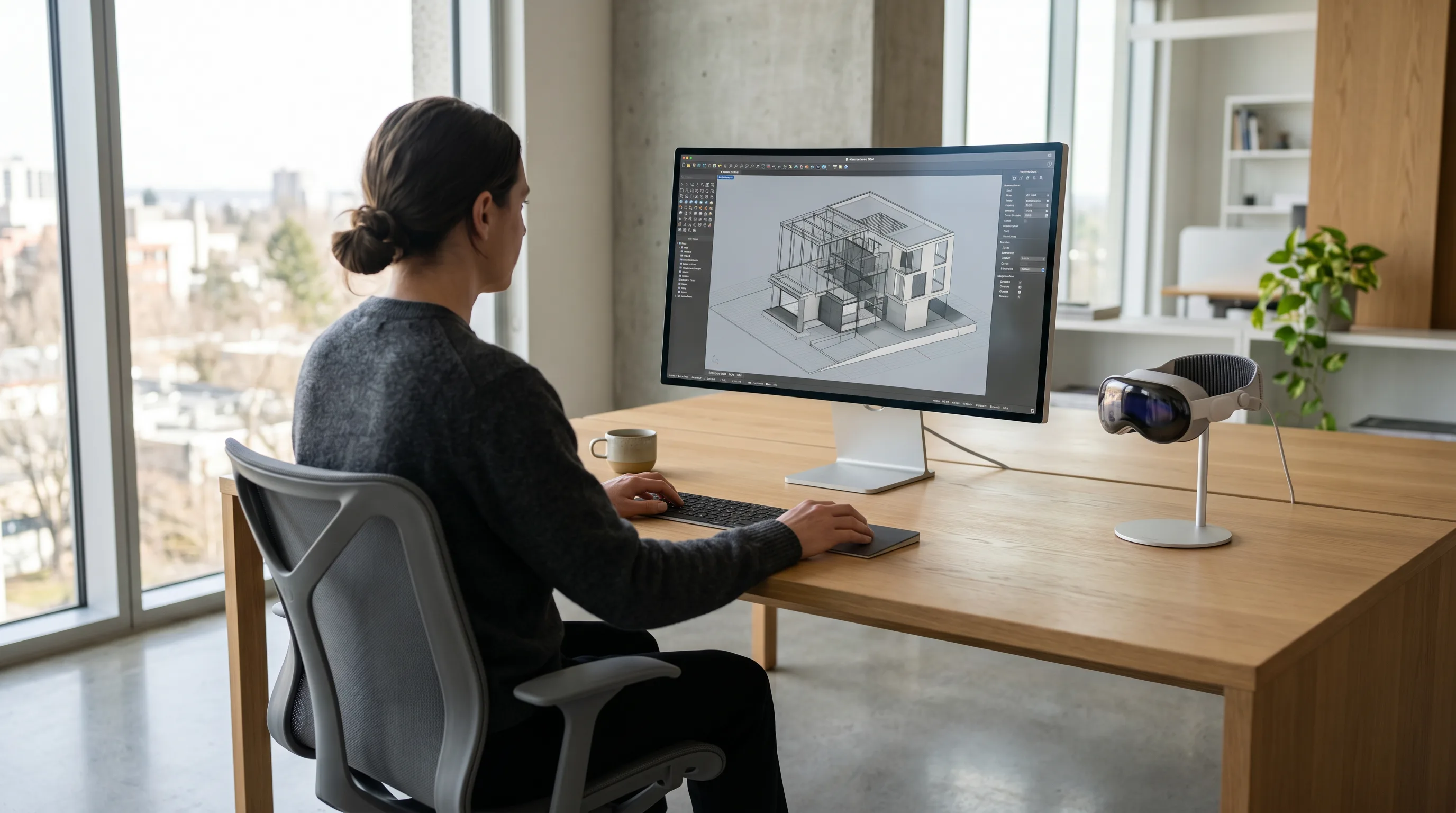 Designer working on 3D model at curved display with Vision Pro on desk
